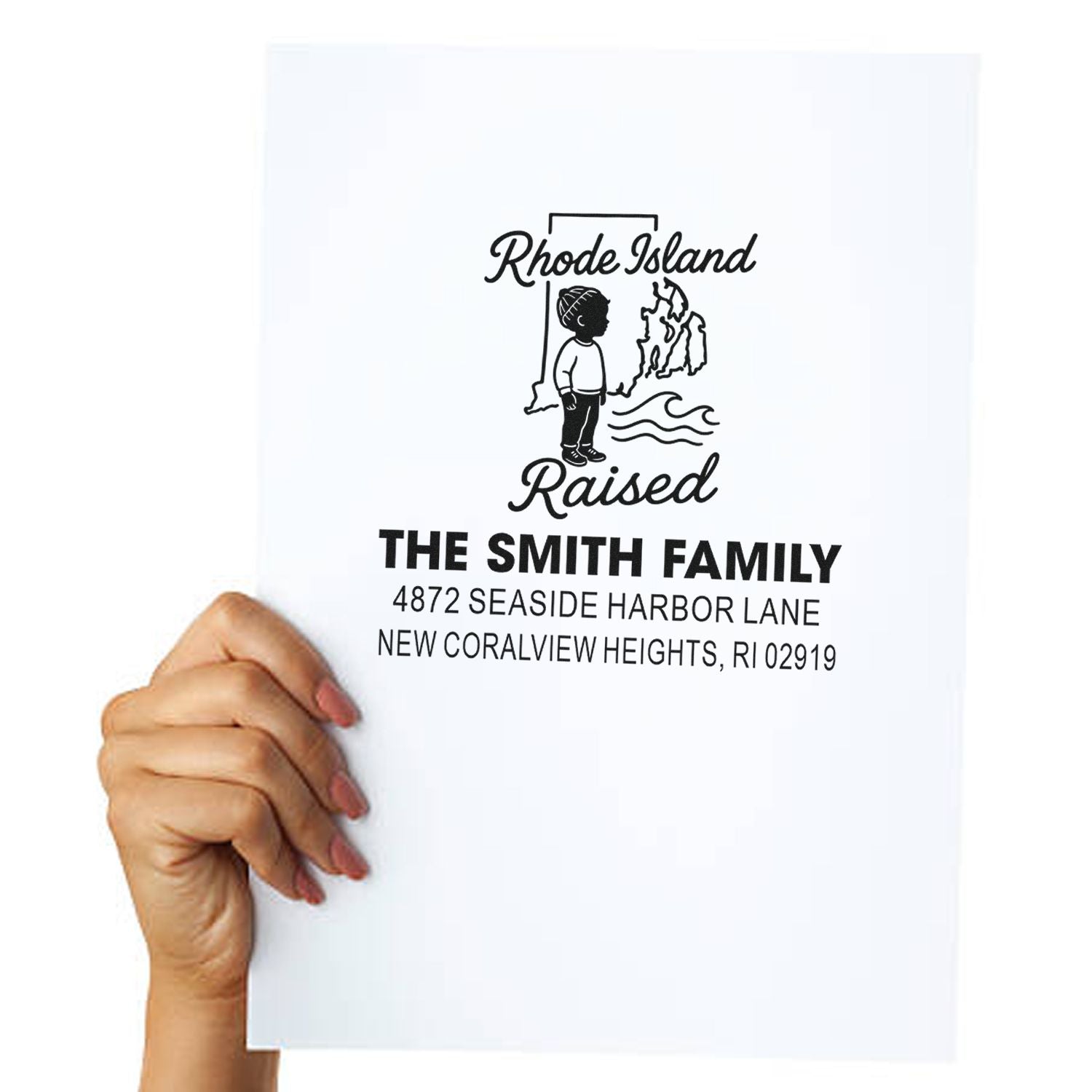Personalized Rhode Island raised family return address rubber stamp for The Smith Family.