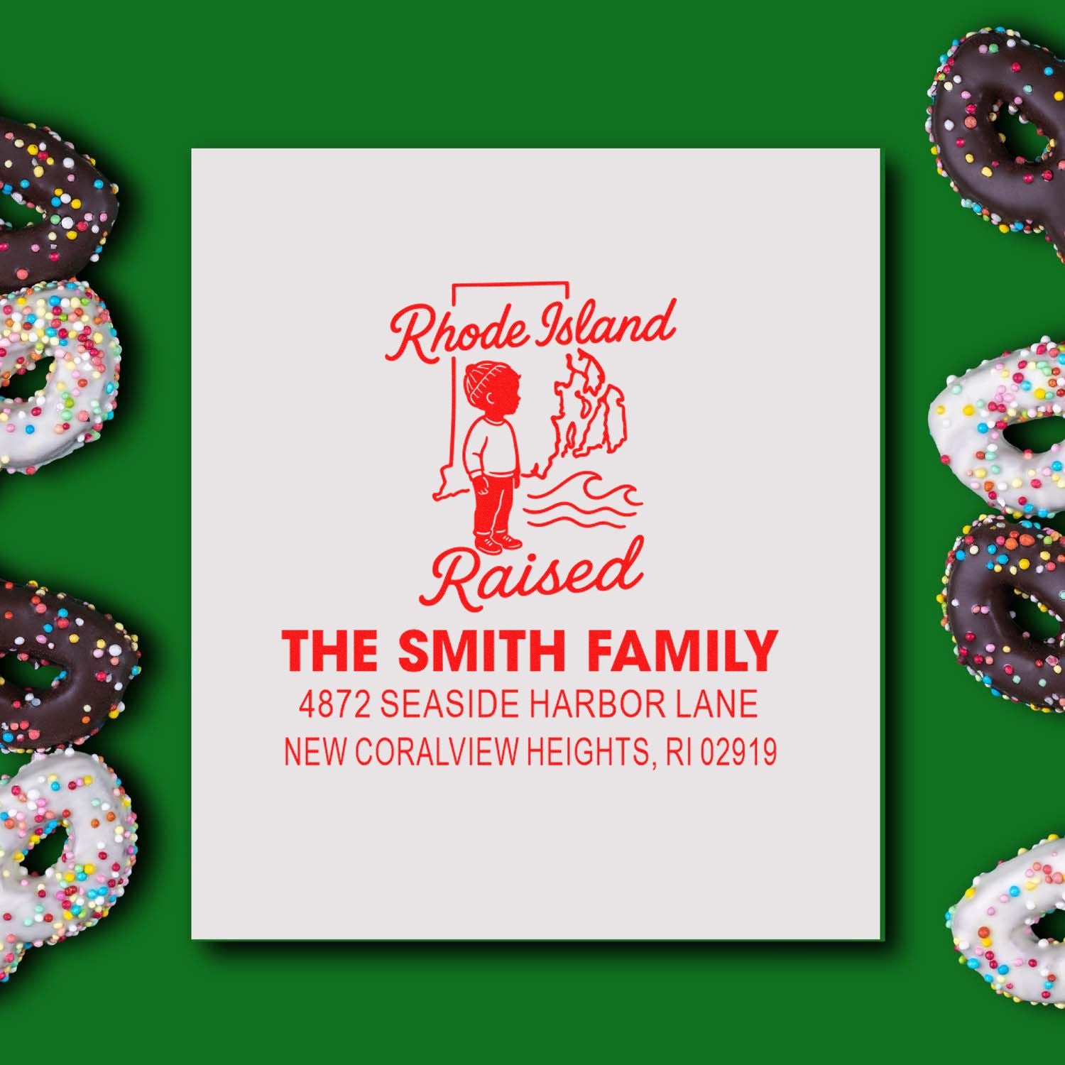 Custom Rhode Island Raised family address rubber stamp with The Smith Family return address in red.