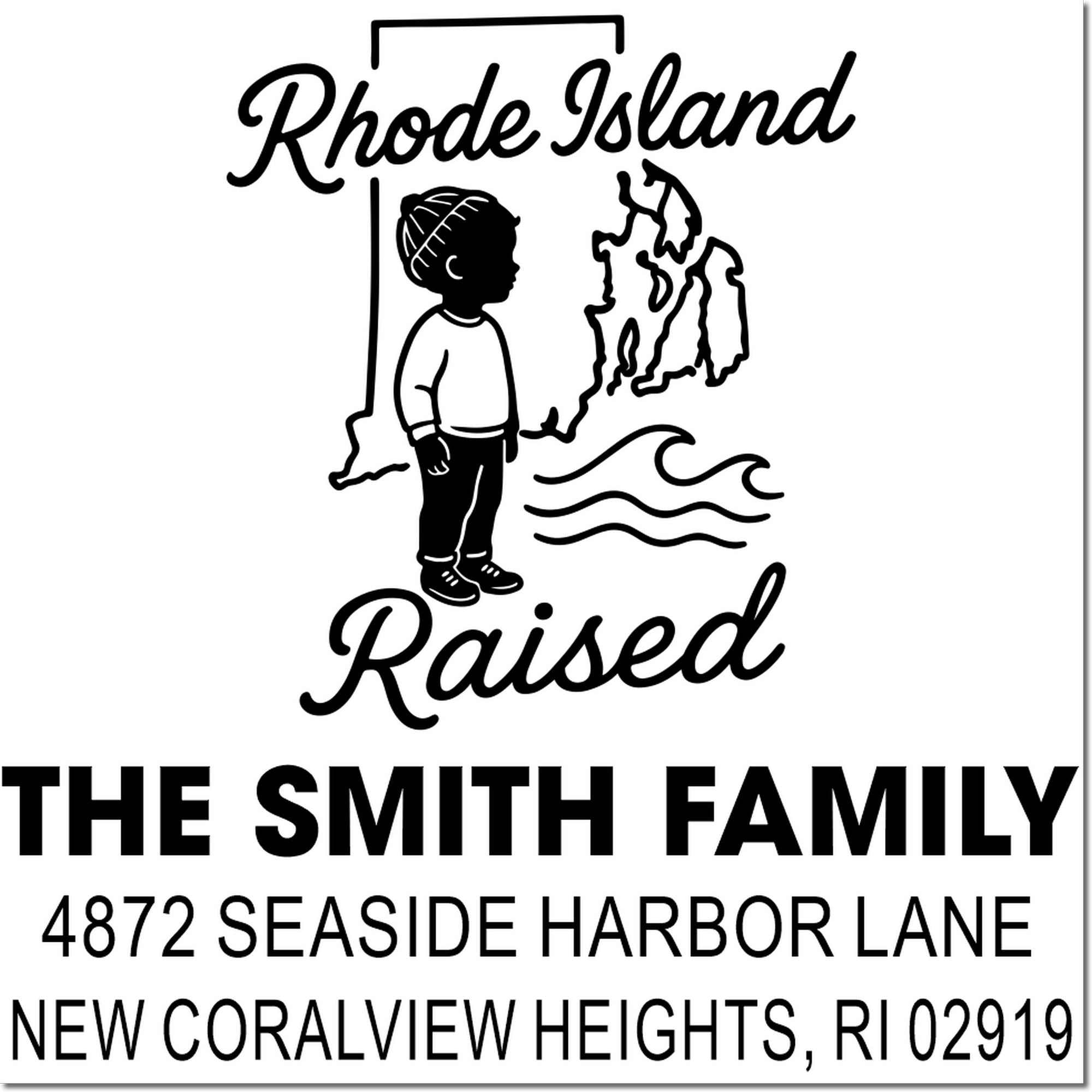 Custom Smith family Rhode Island address rubber stamp with seaside child and waves for New Coralview Heights.
