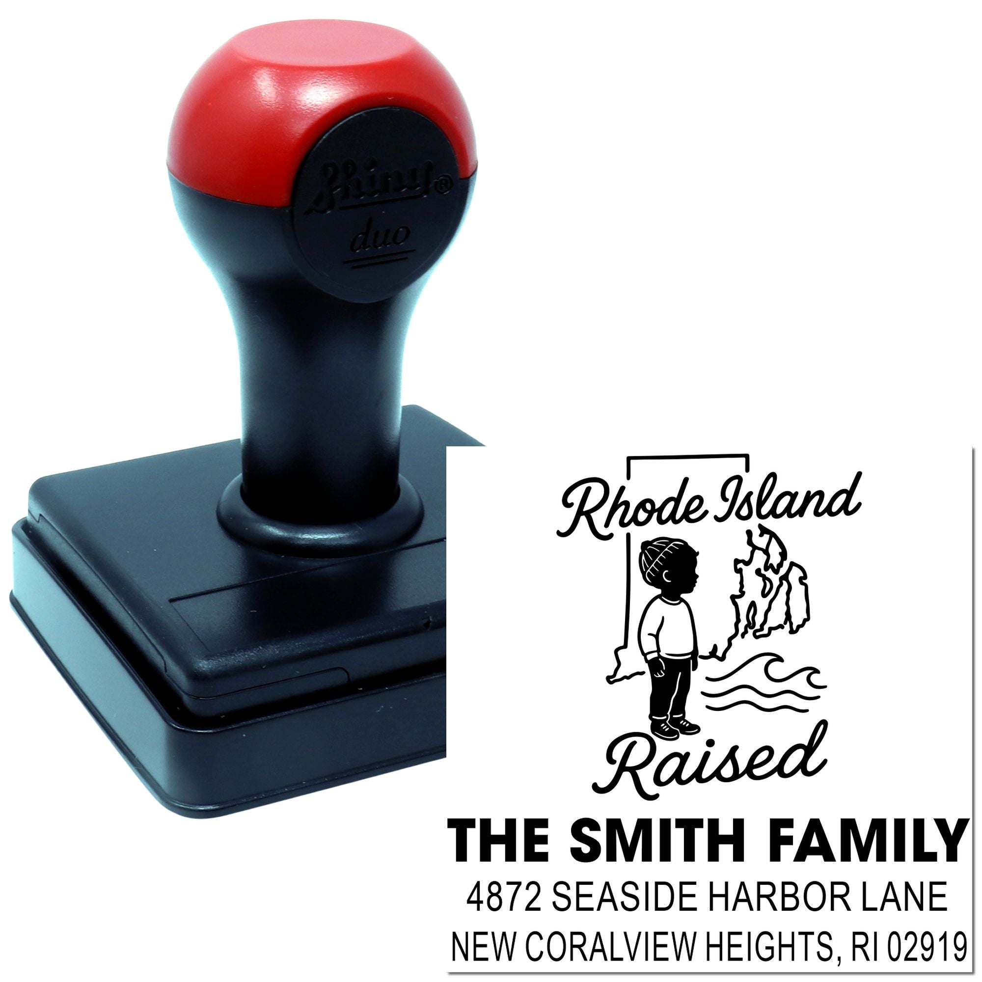 Custom self-inking rubber address stamp with Rhode Island raised family return address design for the Smith family.