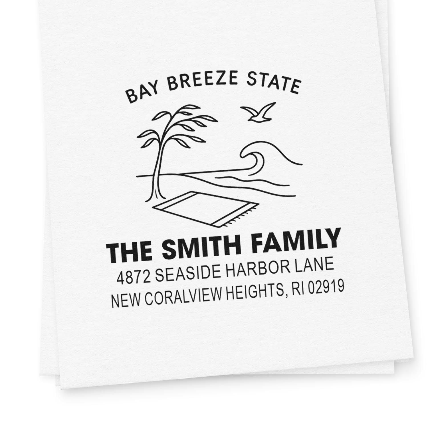 Personalized family return address stamp with beach palm, wave and seabird design for The Smith Family.
