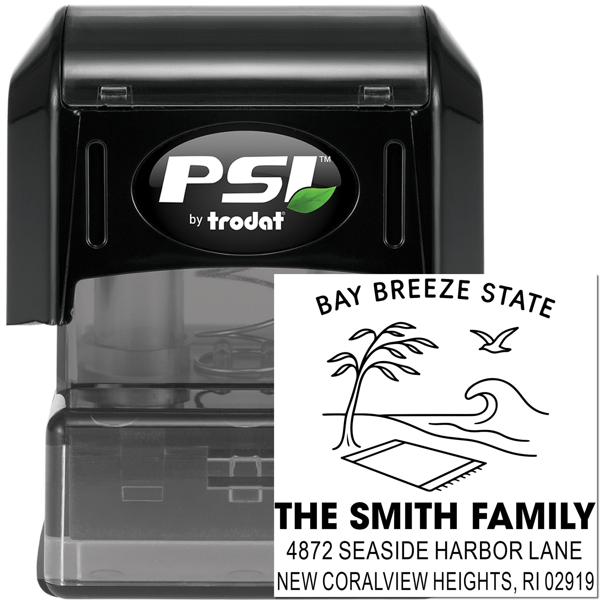 PSI by Trodat self-inking rubber stamp with custom address stamp design for the Smith family and personalized mailings.