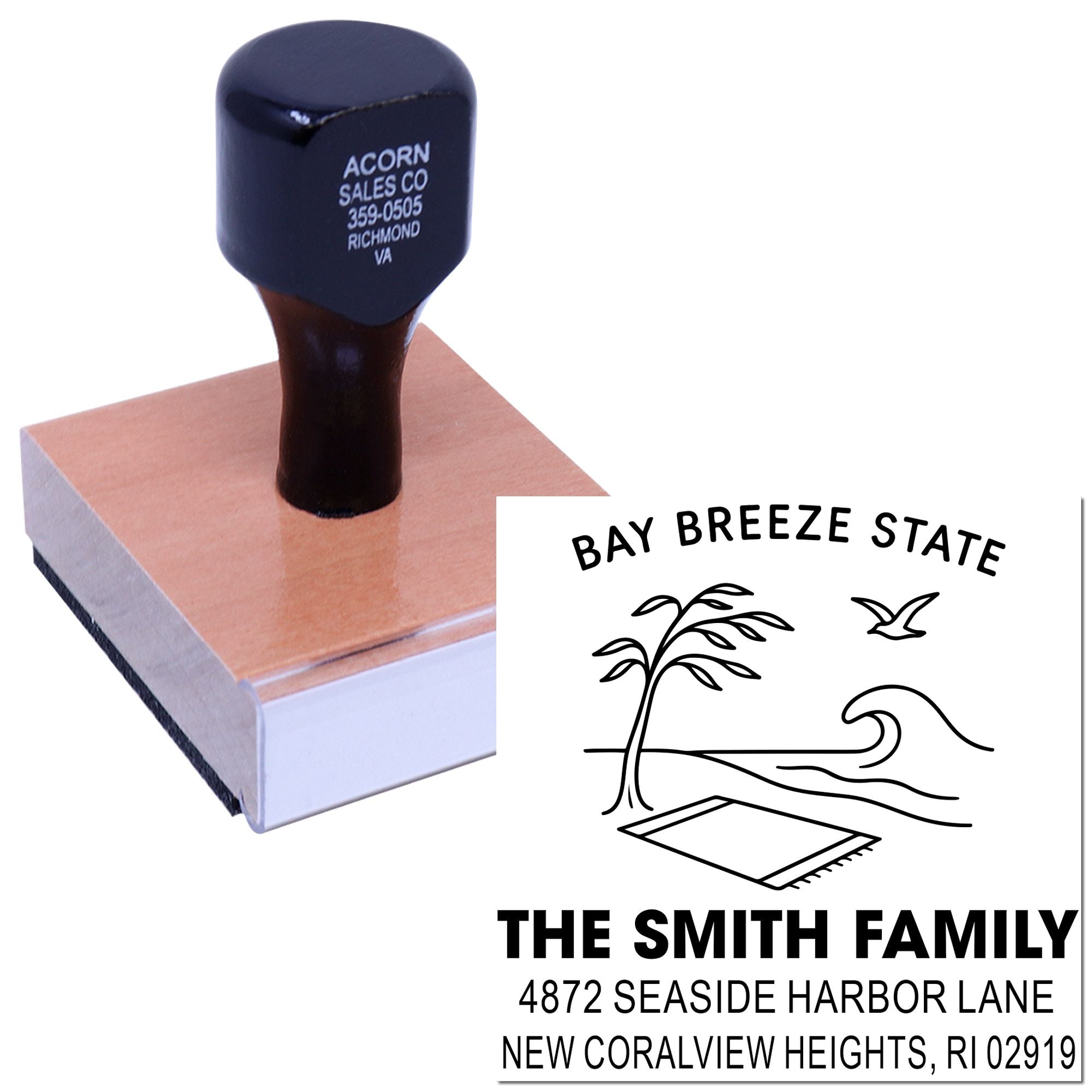 Custom coastal family address rubber stamp with palm tree and wave design, ideal for personalized envelopes and stationery.