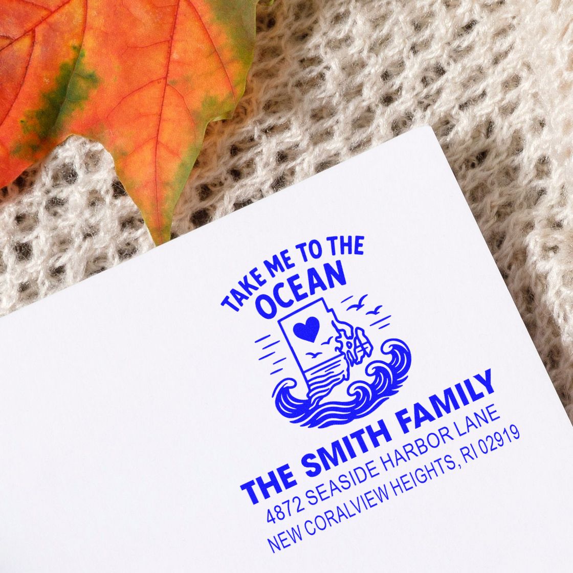 Custom return address rubber stamp with ocean-themed Take Me to the Ocean design for coastal mailings and invitations.
