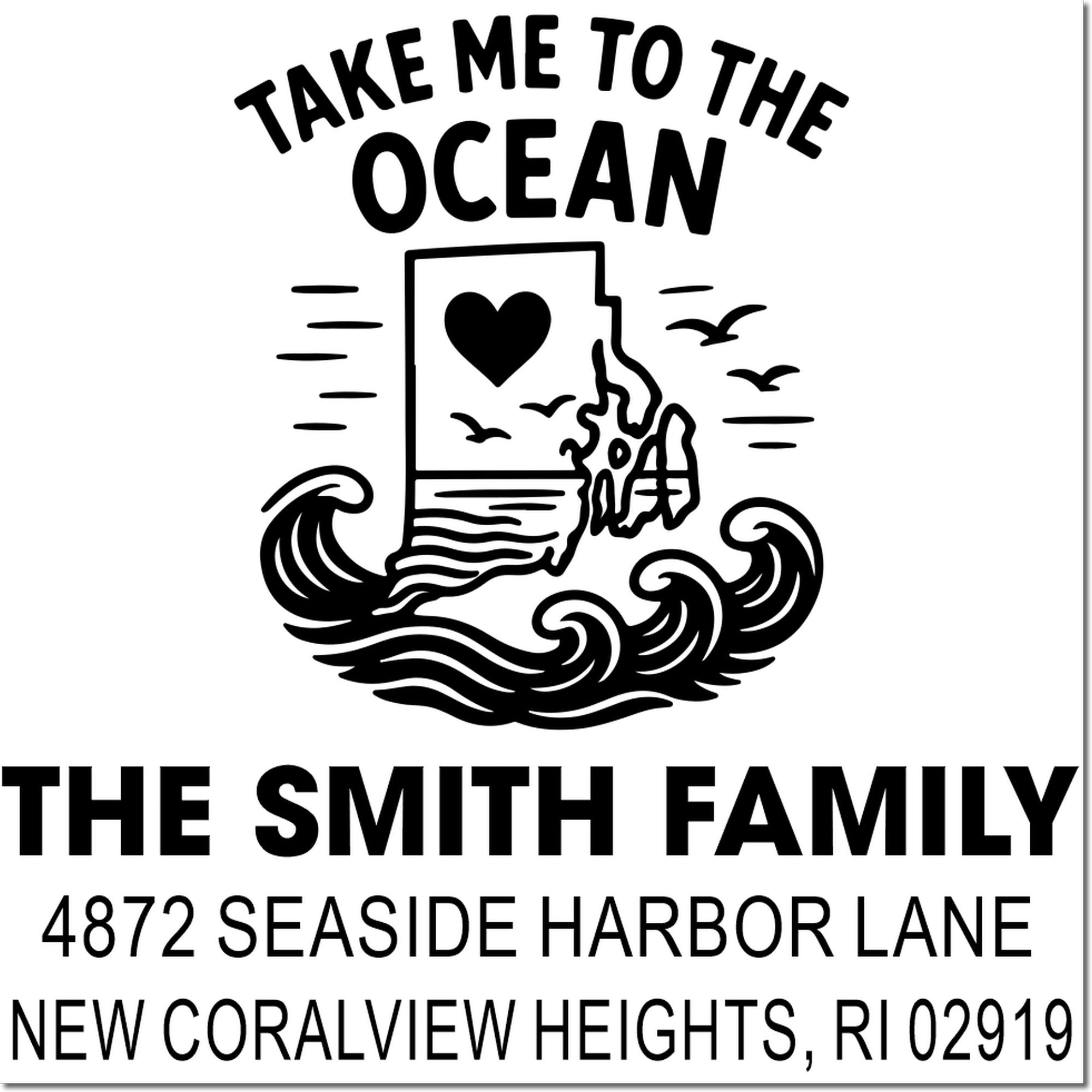 Ocean-themed personalized return address rubber stamp for The Smith Family, 4872 Seaside Harbor Lane, New Coralview Heights, RI 02919