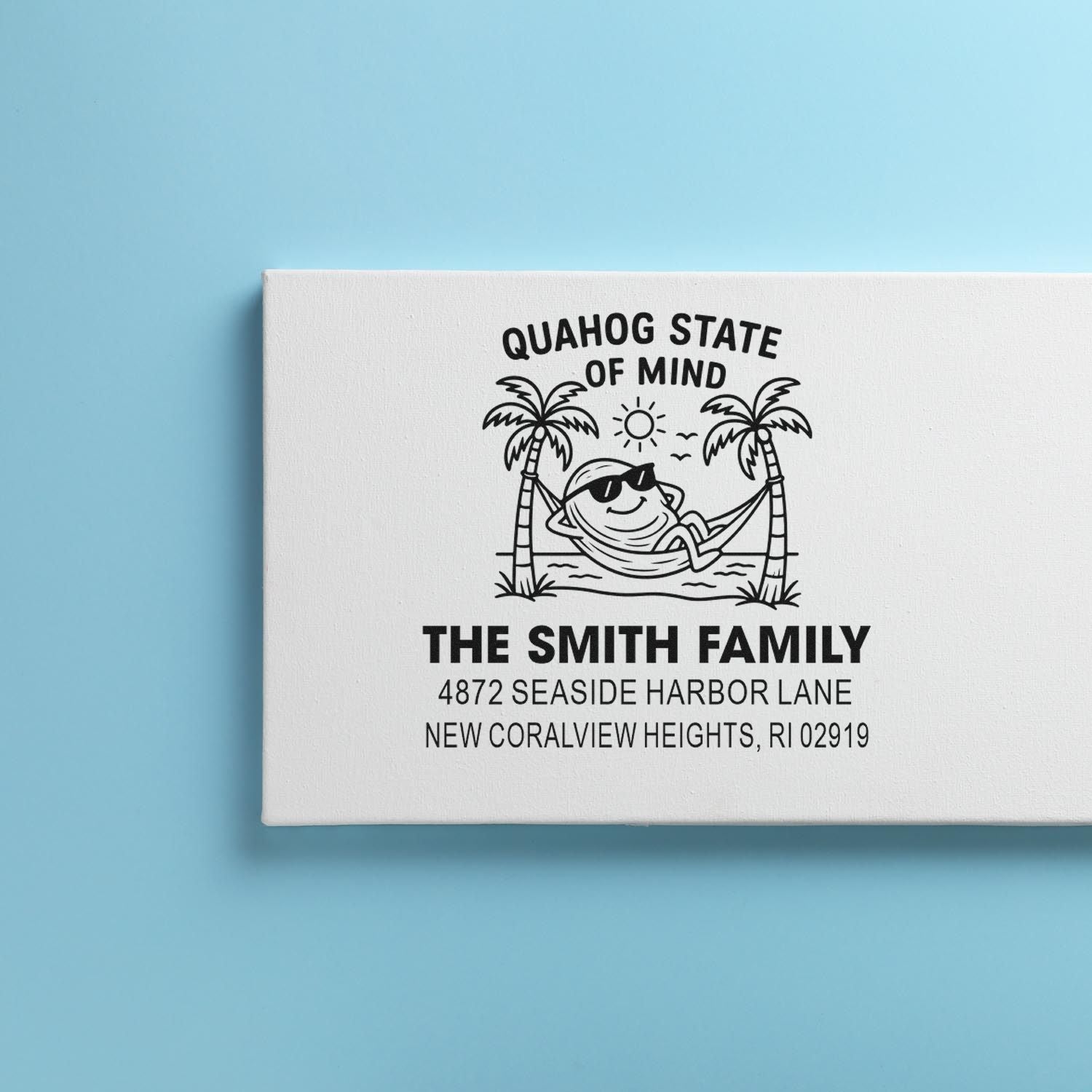 Custom beach-themed return address rubber stamp for The Smith Family with hammock, palm trees, and seaside home details.