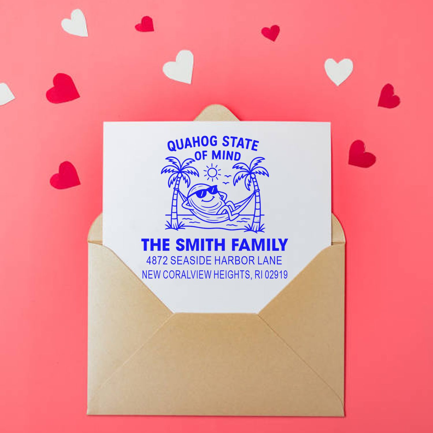 Personalized beach-themed return address rubber stamp for The Smith Family, featuring a Quahog State of Mind design.