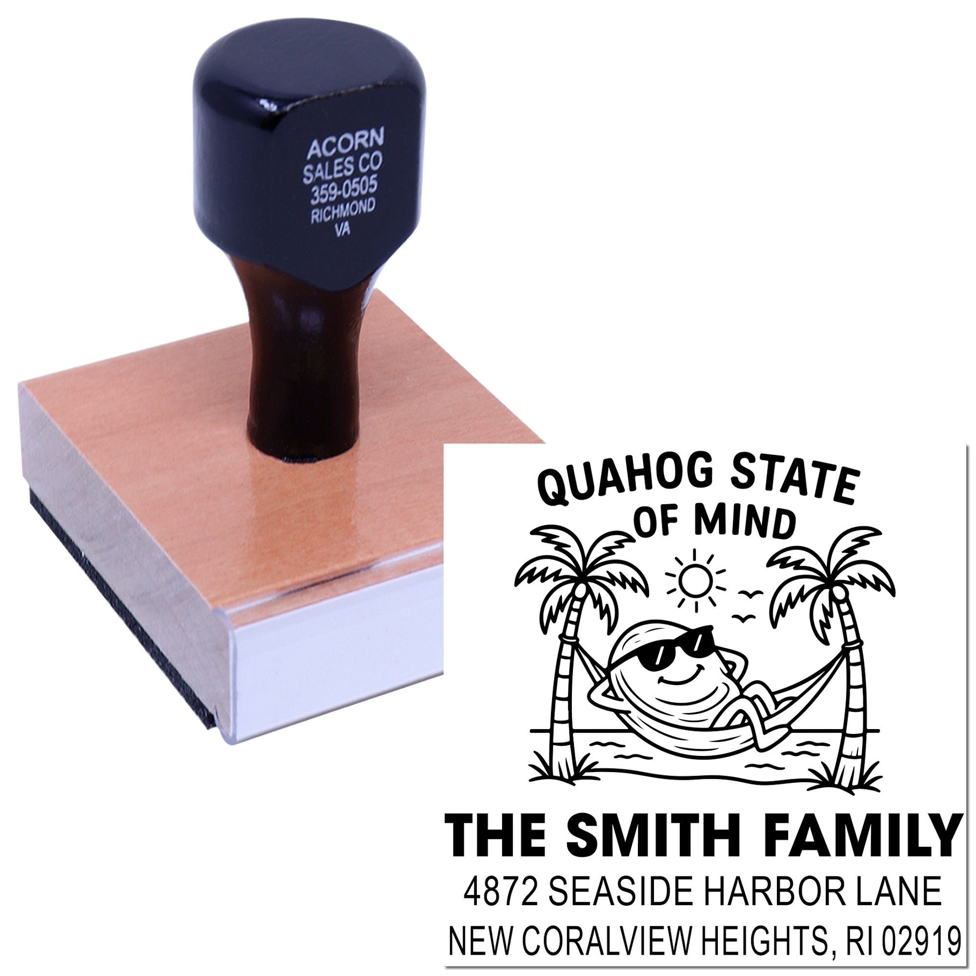 Custom return address rubber stamp with beach-themed family design and personalized name and address imprint.