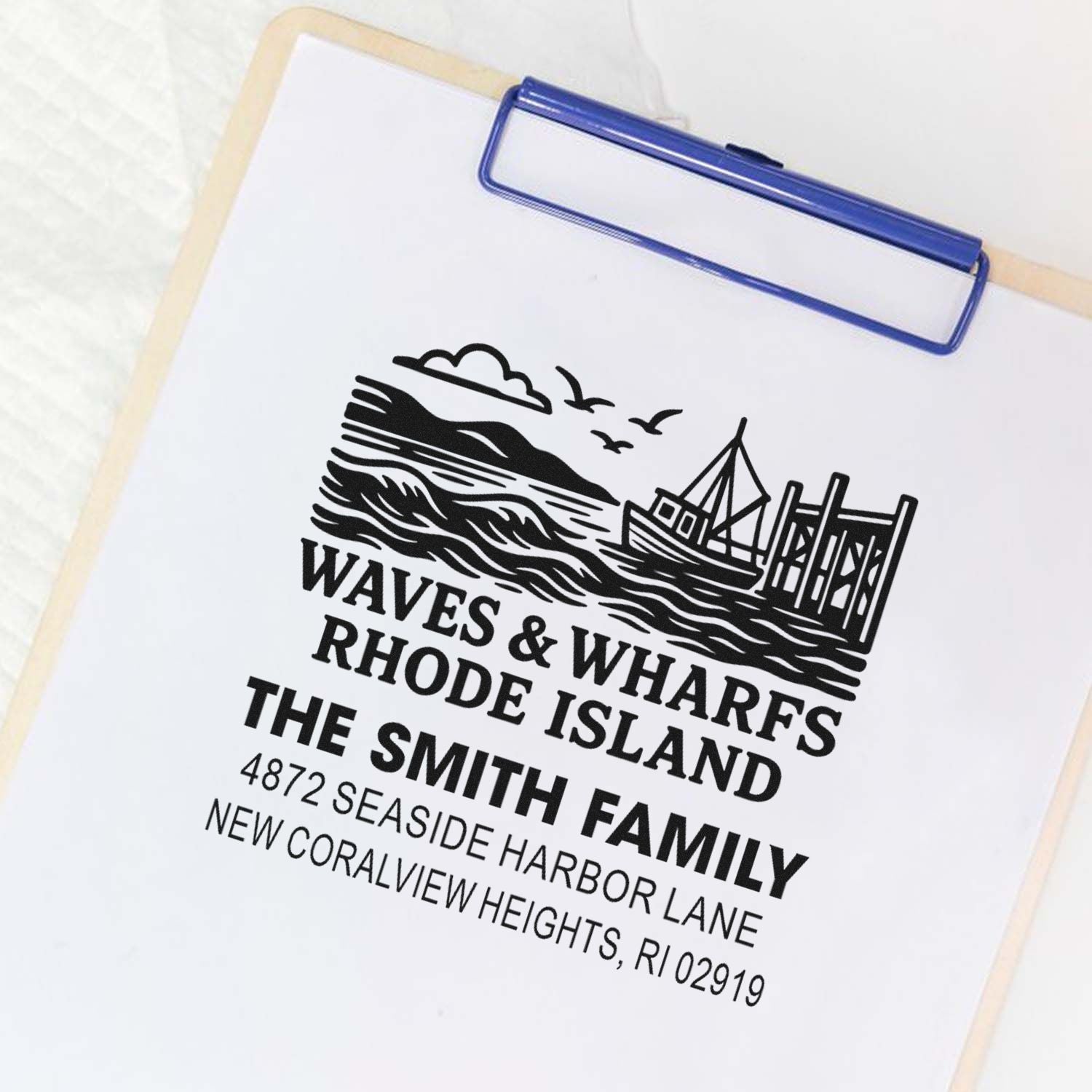 Custom nautical address rubber stamp with harbor design for The Smith Family, New Coralview Heights, RI 02919.