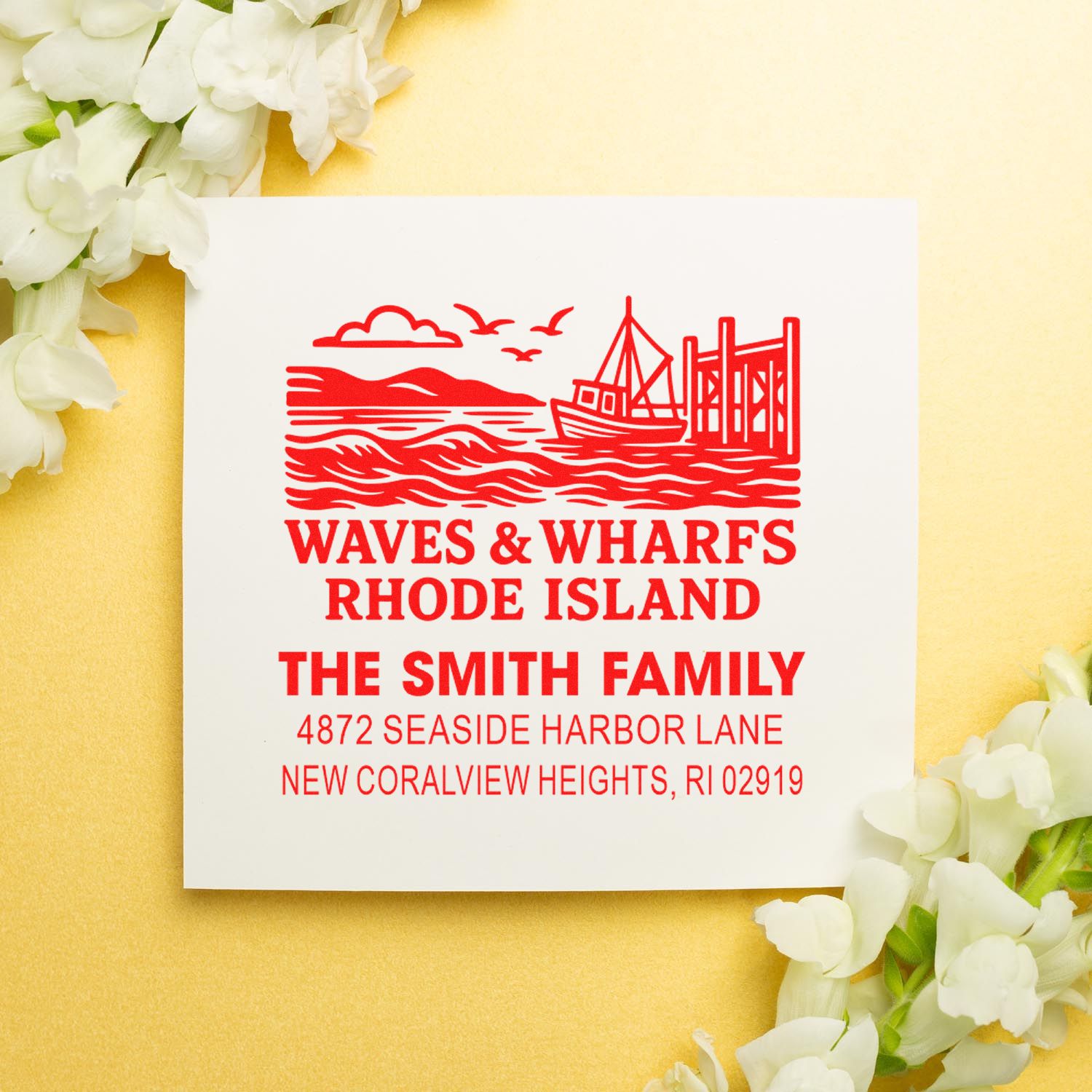 Custom nautical return address rubber stamp with Waves & Wharfs Rhode Island design for The Smith Family mailing address.