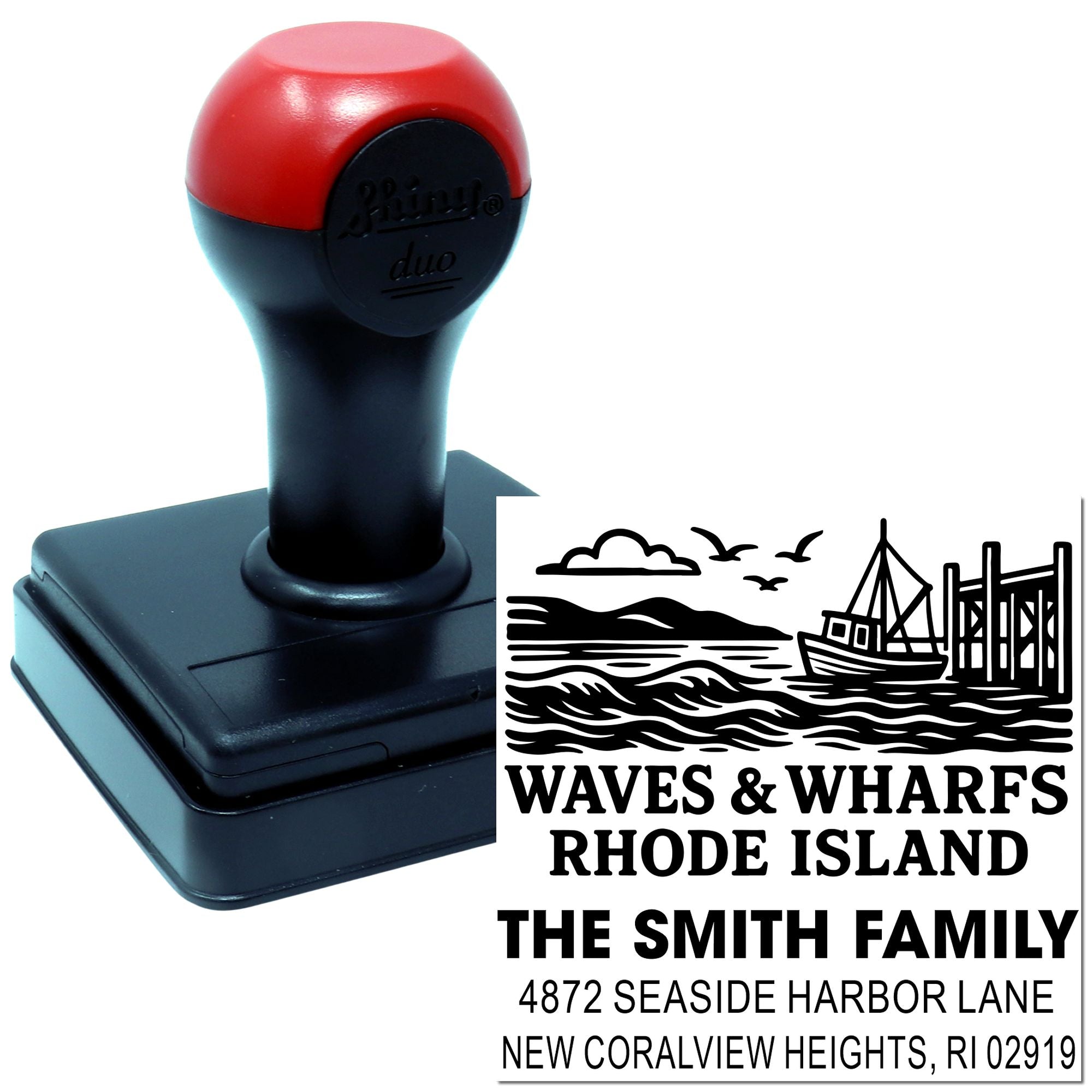Custom self-inking rubber address stamp for The Smith Family, with Waves & Wharfs Rhode Island seaside design.