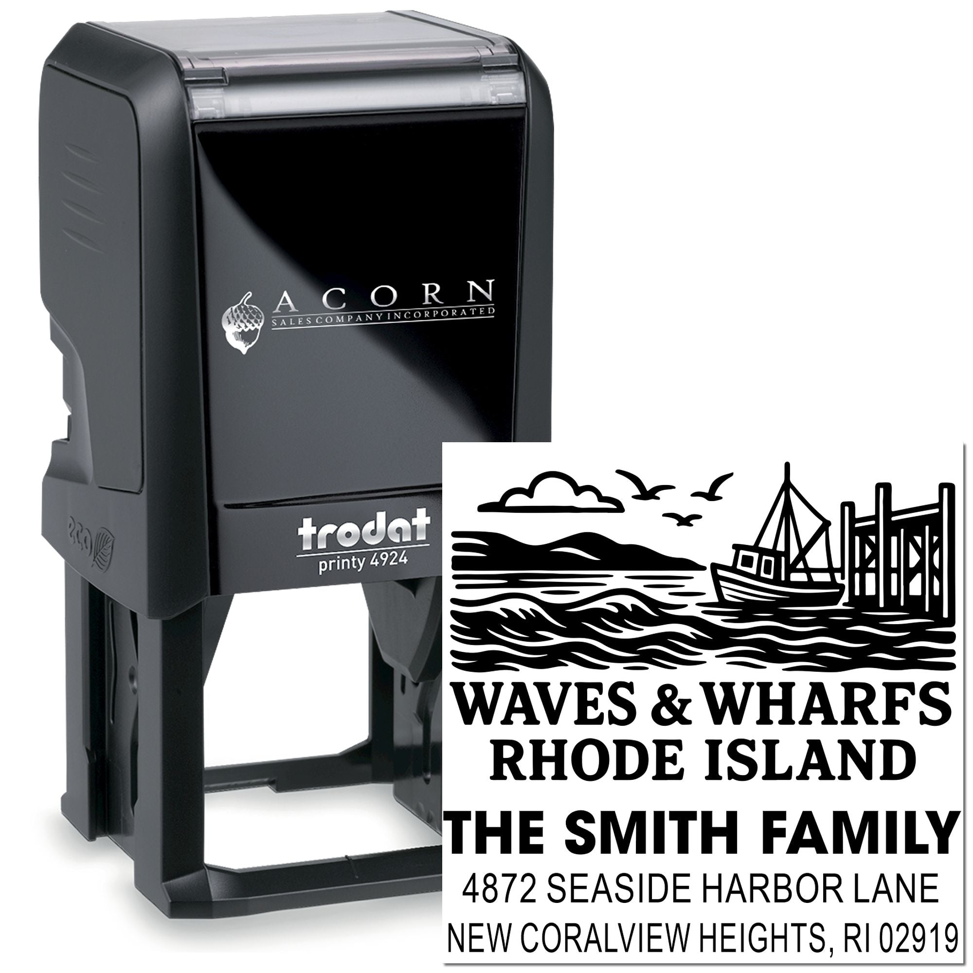 Custom self-inking rubber address stamp for Waves & Wharfs Rhode Island with The Smith Family return address and nautical design