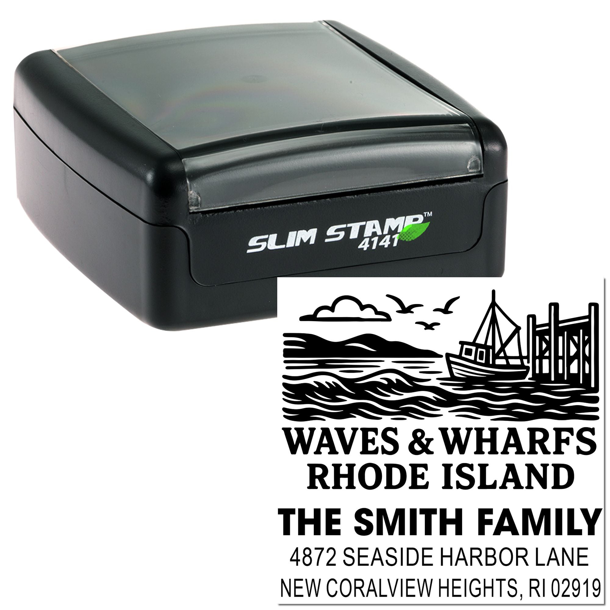 Custom self-inking rubber stamp with seaside address design and Waves & Wharfs Rhode Island family return address imprint