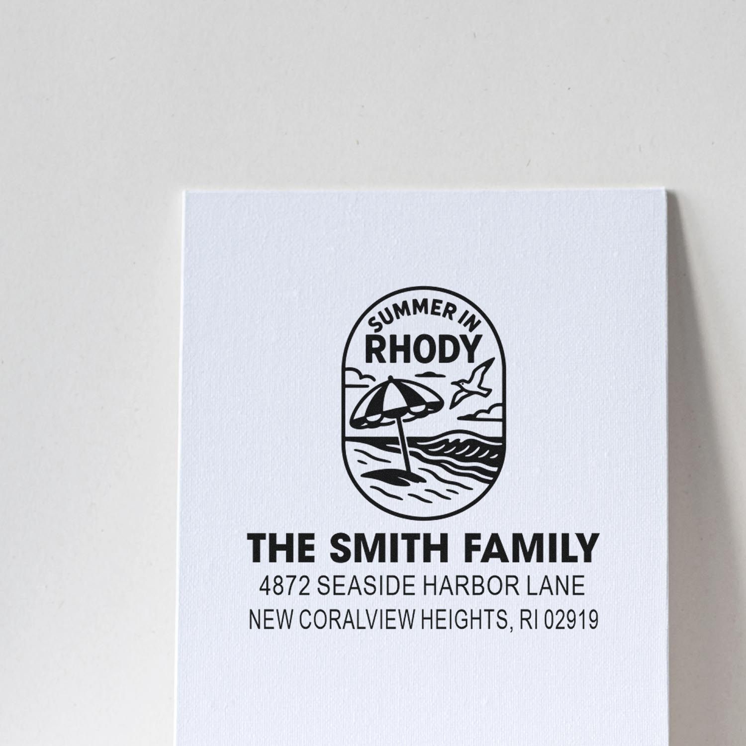 Custom beach-themed address rubber stamp for The Smith Family, New Coralview Heights, RI 02919