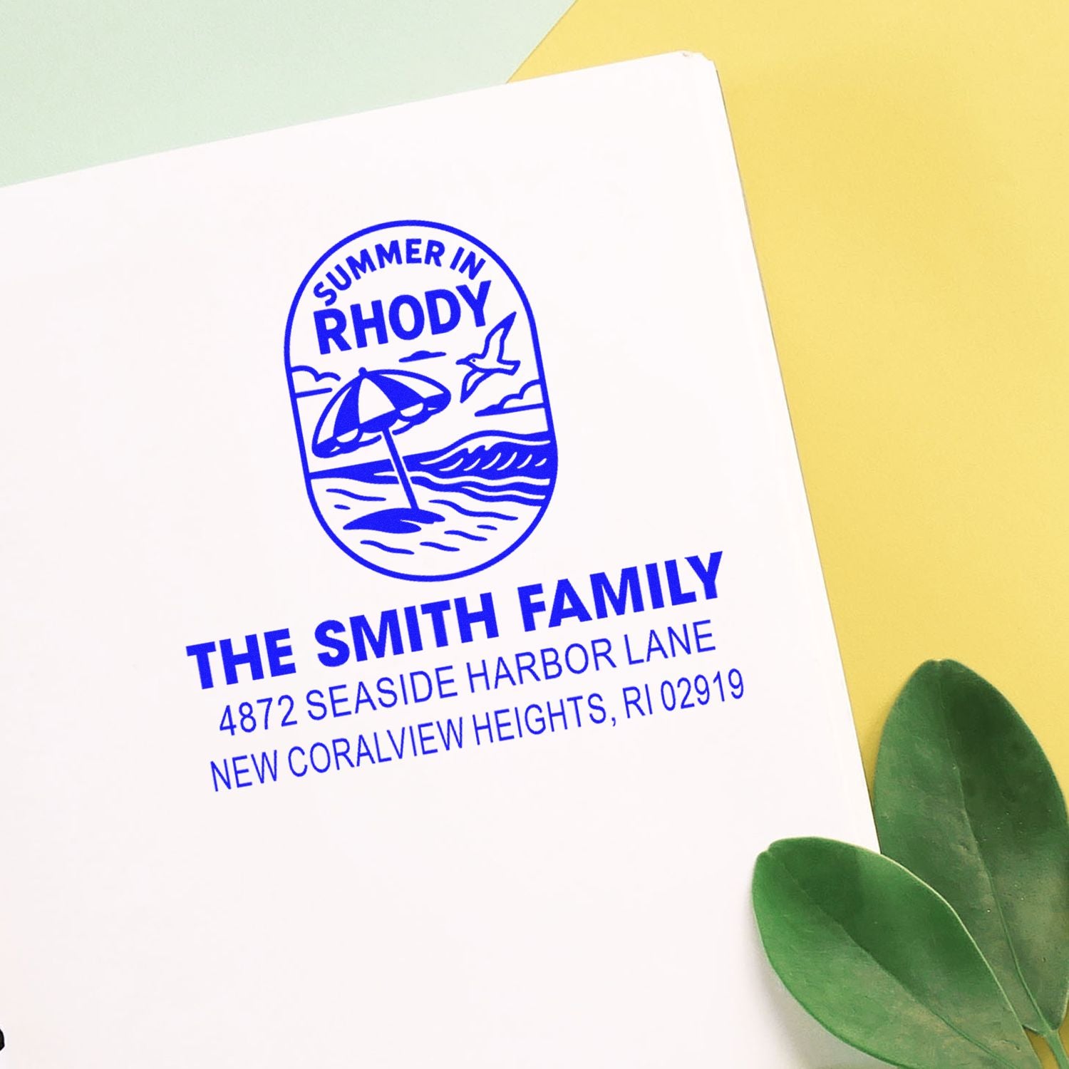 Custom rubber address stamp with beach-themed Summer in Rhody design for The Smith Family, 4872 Seaside Harbor Lane, RI.