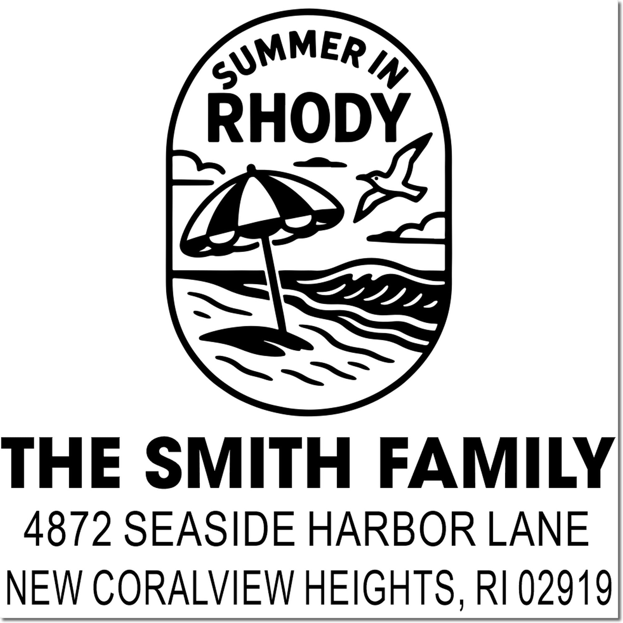 Custom beach-themed family address rubber stamp, Summer in Rhody, for The Smith Family in New Coralview Heights, RI.