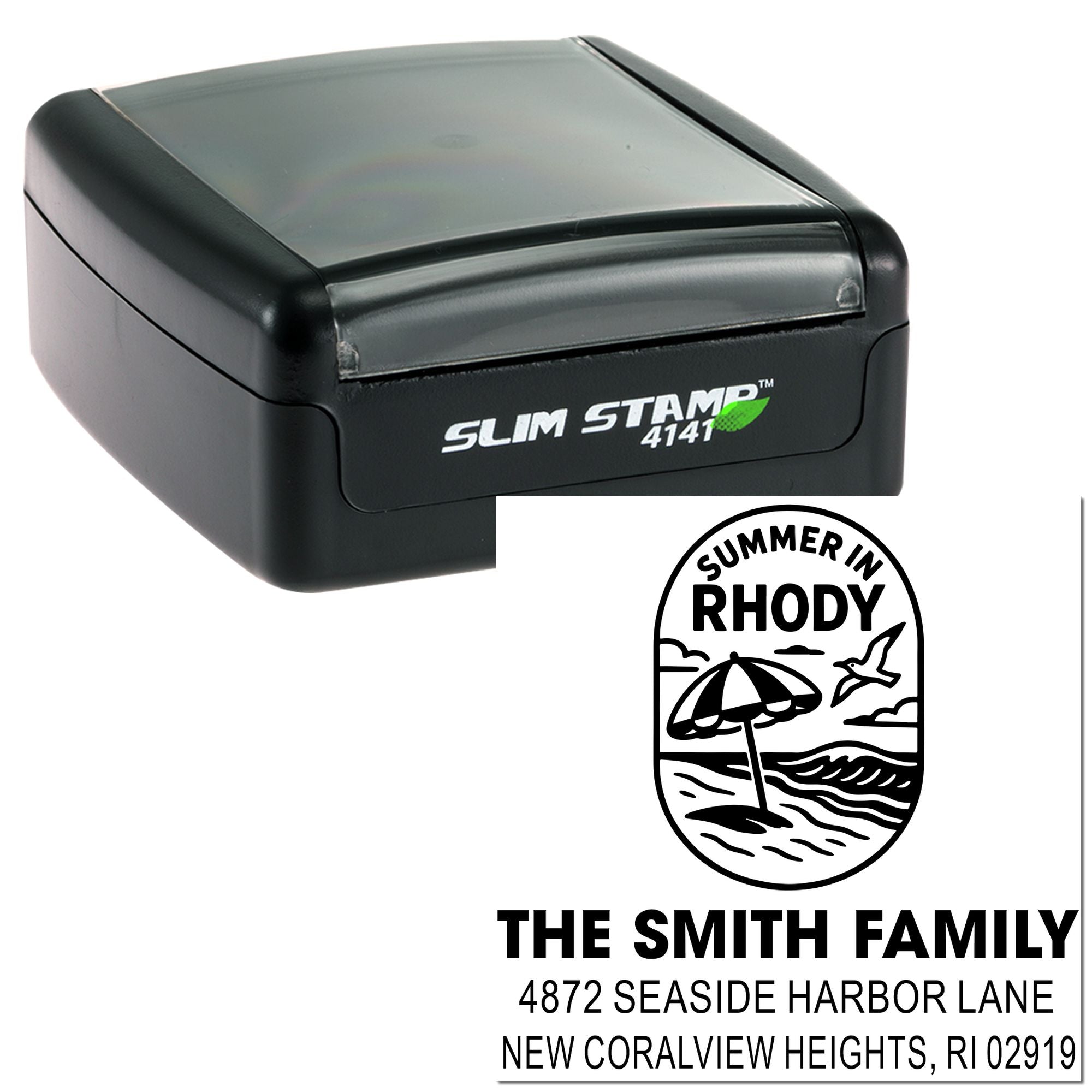 Custom self-inking rubber stamp with Rhode Island beach design and personalized family return address stamp for mailing