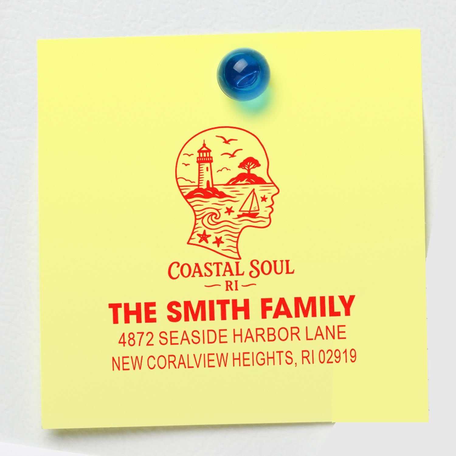 Custom rubber stamp for The Smith Family, Coastal Soul RI, with lighthouse logo and address imprint.
