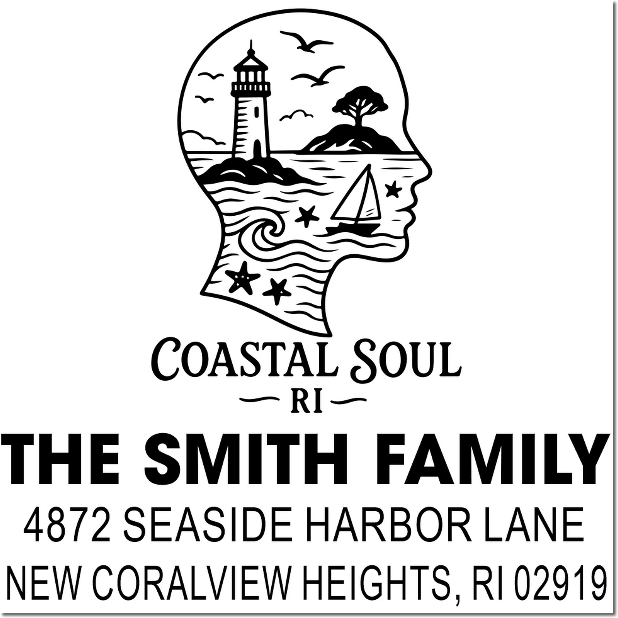 Custom coastal return address rubber stamp for The Smith Family, 4872 Seaside Harbor Lane, New Coralview Heights, RI.