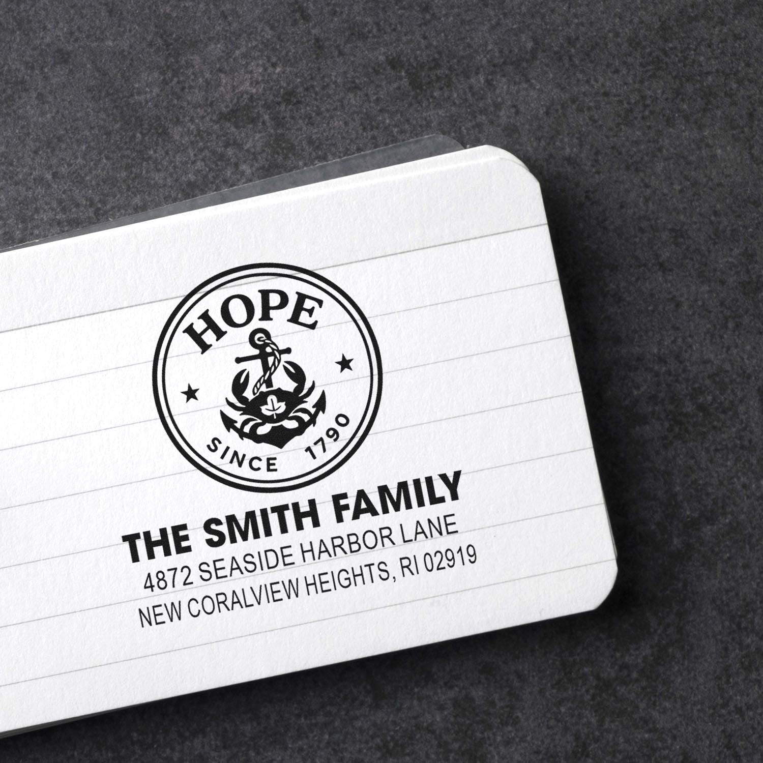 Custom rubber address stamp with Hope anchor design, personalized for The Smith Family return mail.