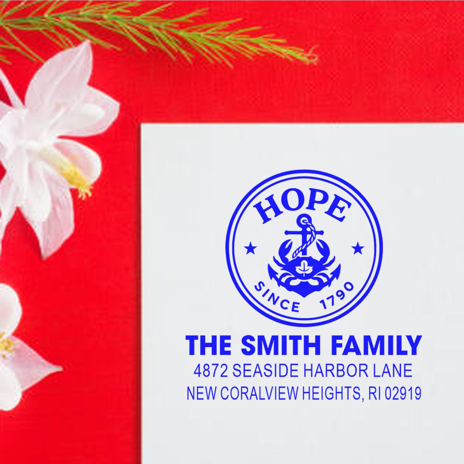 Custom nautical address rubber stamp with anchor seal, Hope design, and Smith family return address.