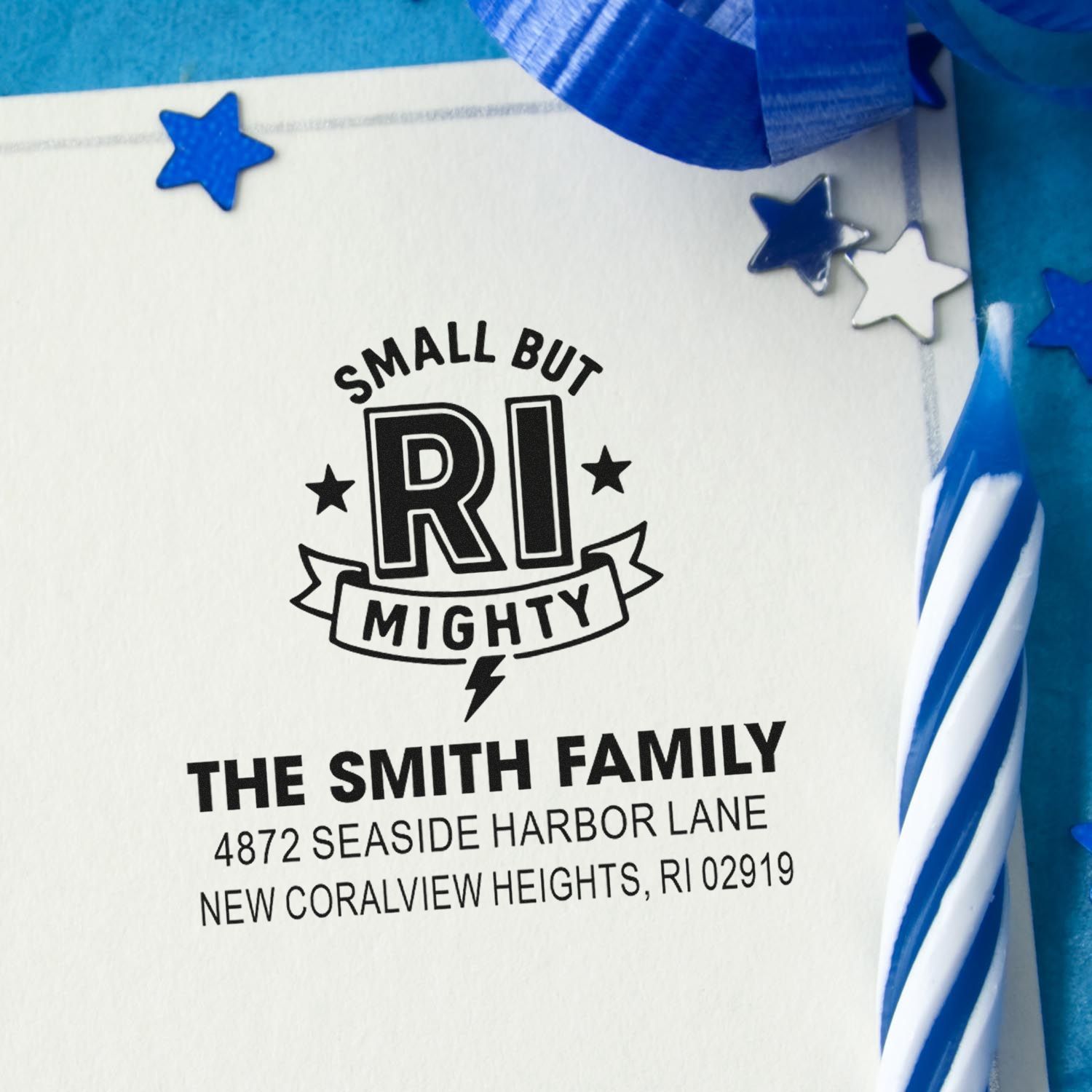 Personalized return address rubber stamp featuring Small but Mighty RI for The Smith Family, New Coralview Heights, RI 02919.