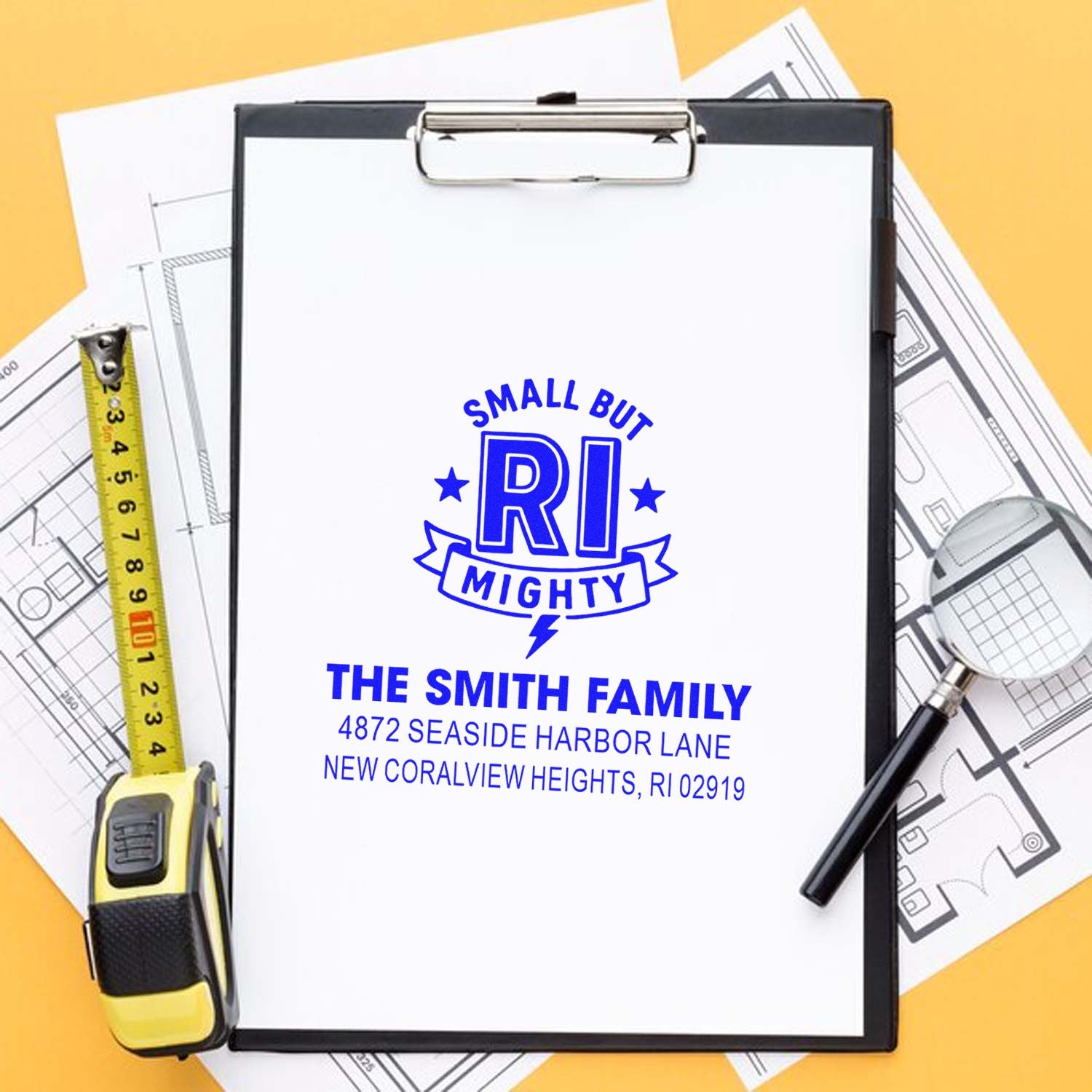 Personalized rubber return address stamp for The Smith Family, featuring a Small but RI Mighty custom design.