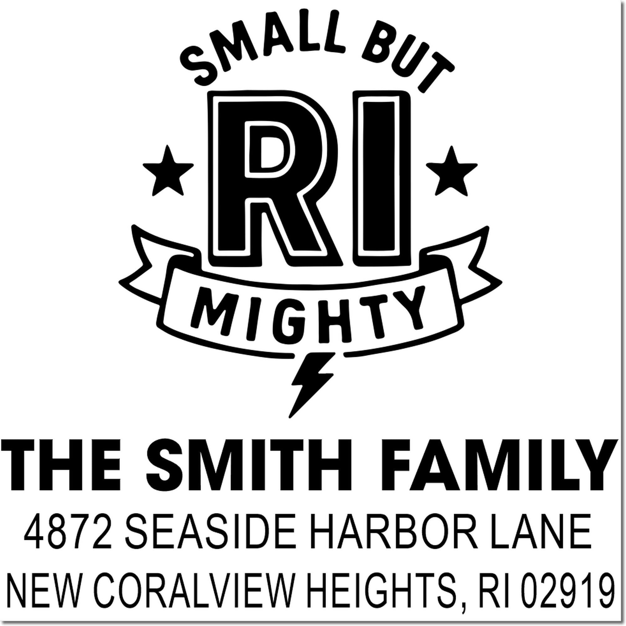Personalized return address rubber stamp for The Smith Family, 4872 Seaside Harbor Lane, New Coralview Heights, RI 02919.