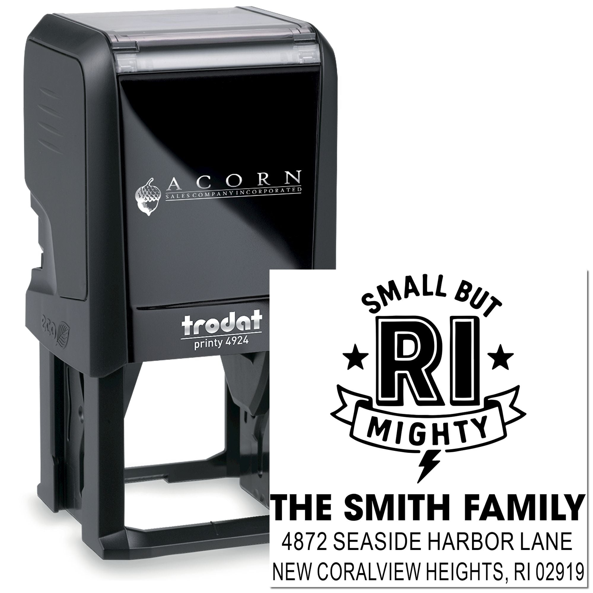 Custom Trodat Printy 4924 self-inking rubber stamp with personalized return address design for The Smith Family, Rhode Island.