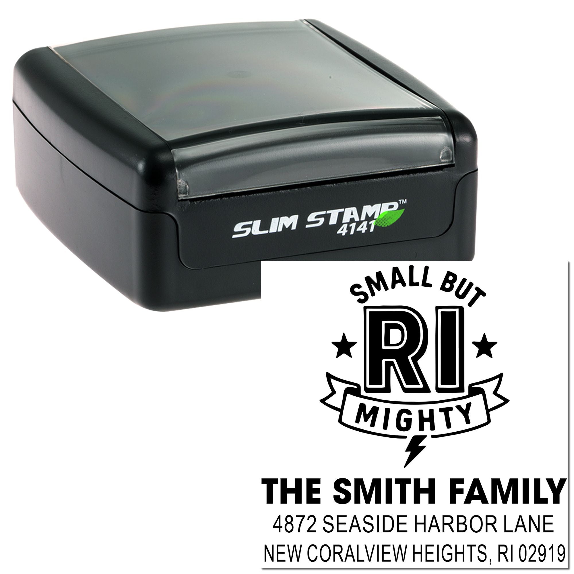 Custom self-inking rubber stamp with personalized Rhode Island family return address design.