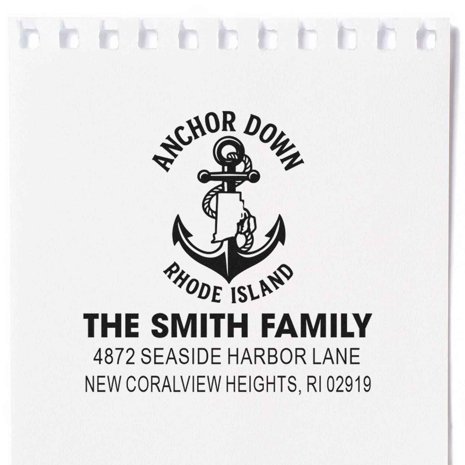 Custom nautical return address rubber stamp for The Smith Family, with Anchor Down Rhode Island anchor logo and address.