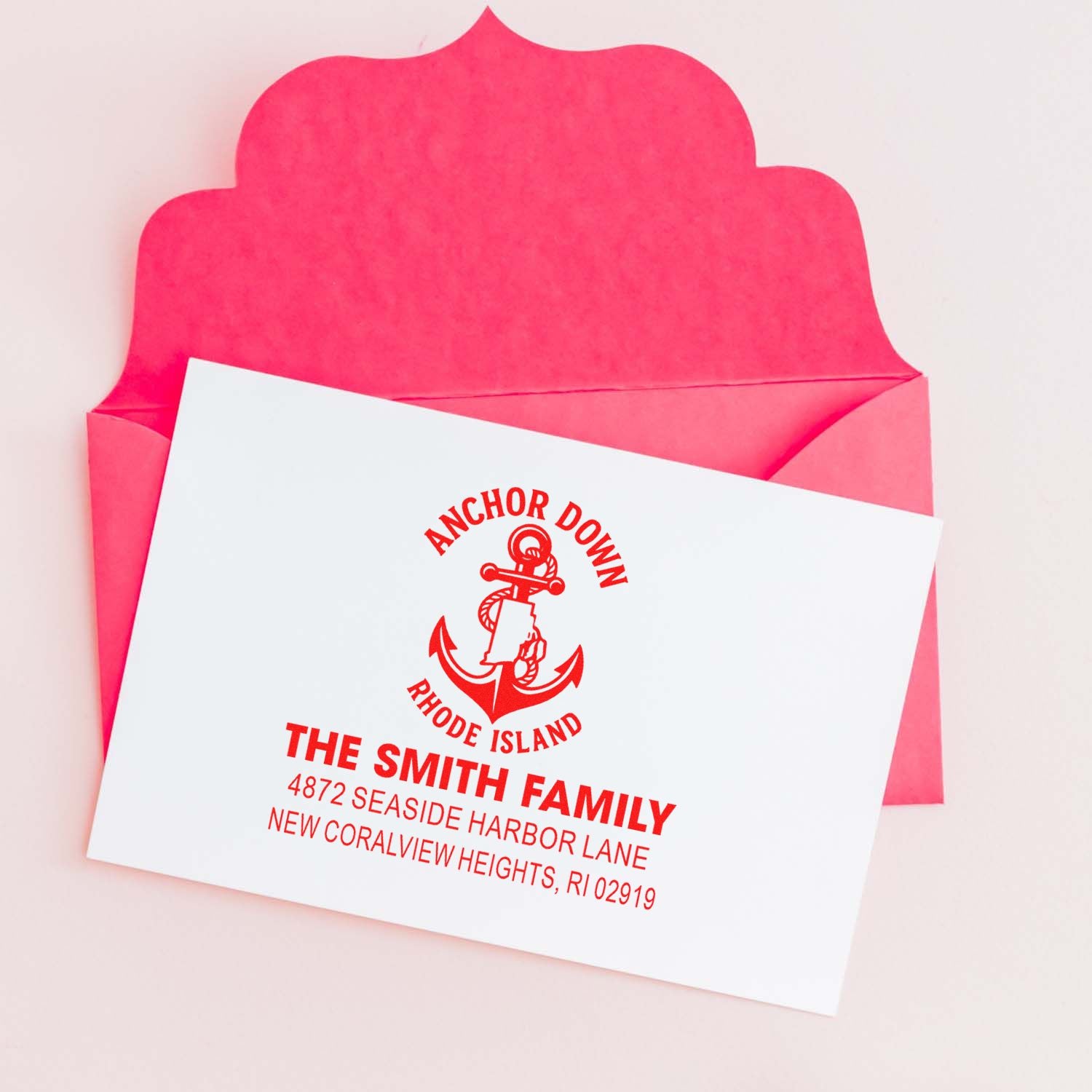 Custom rubber stamp return address on card, featuring Anchor Down Rhode Island design for The Smith Family.