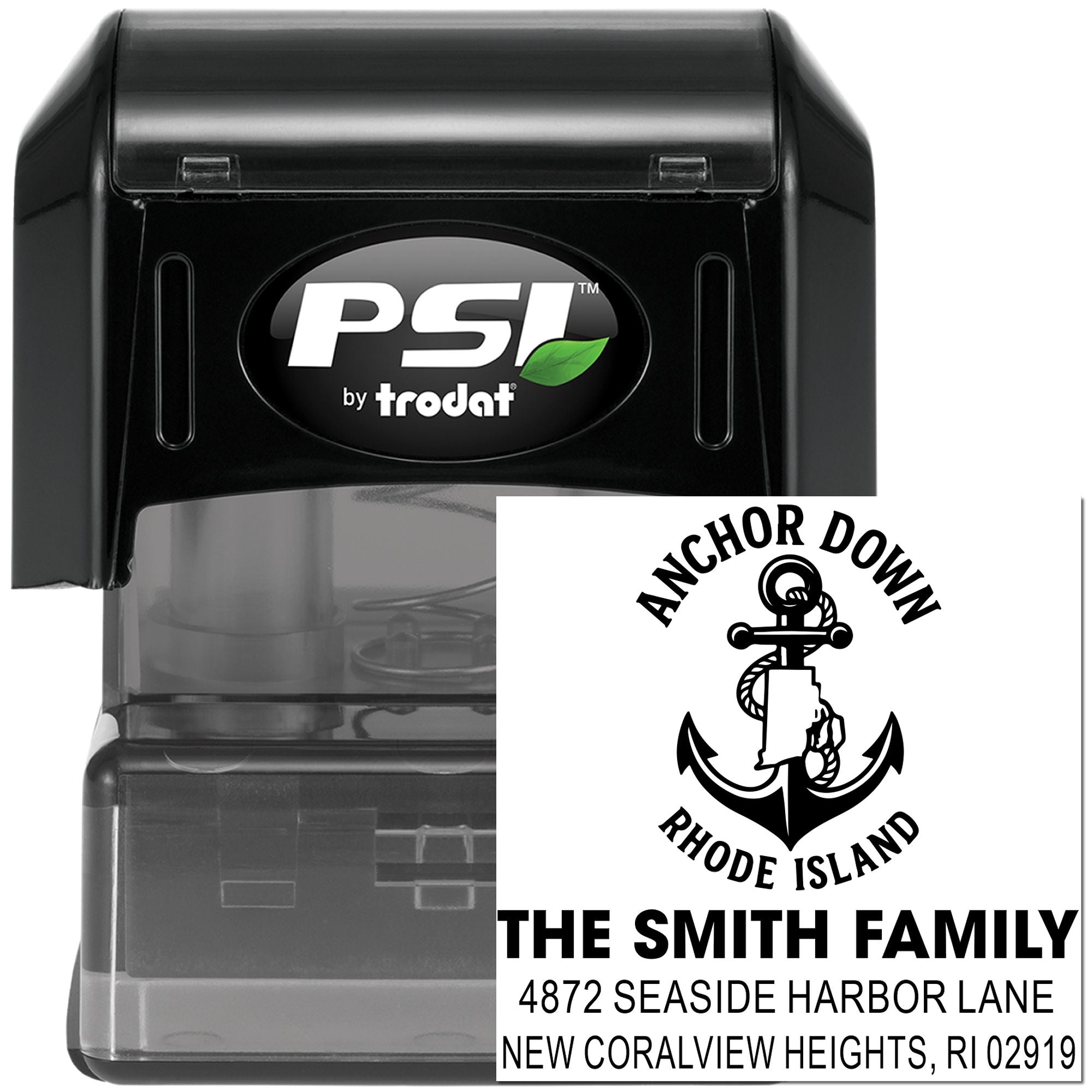 PSI by Trodat custom rubber stamp with anchor logo and return address for Rhode Island family mail imprint.