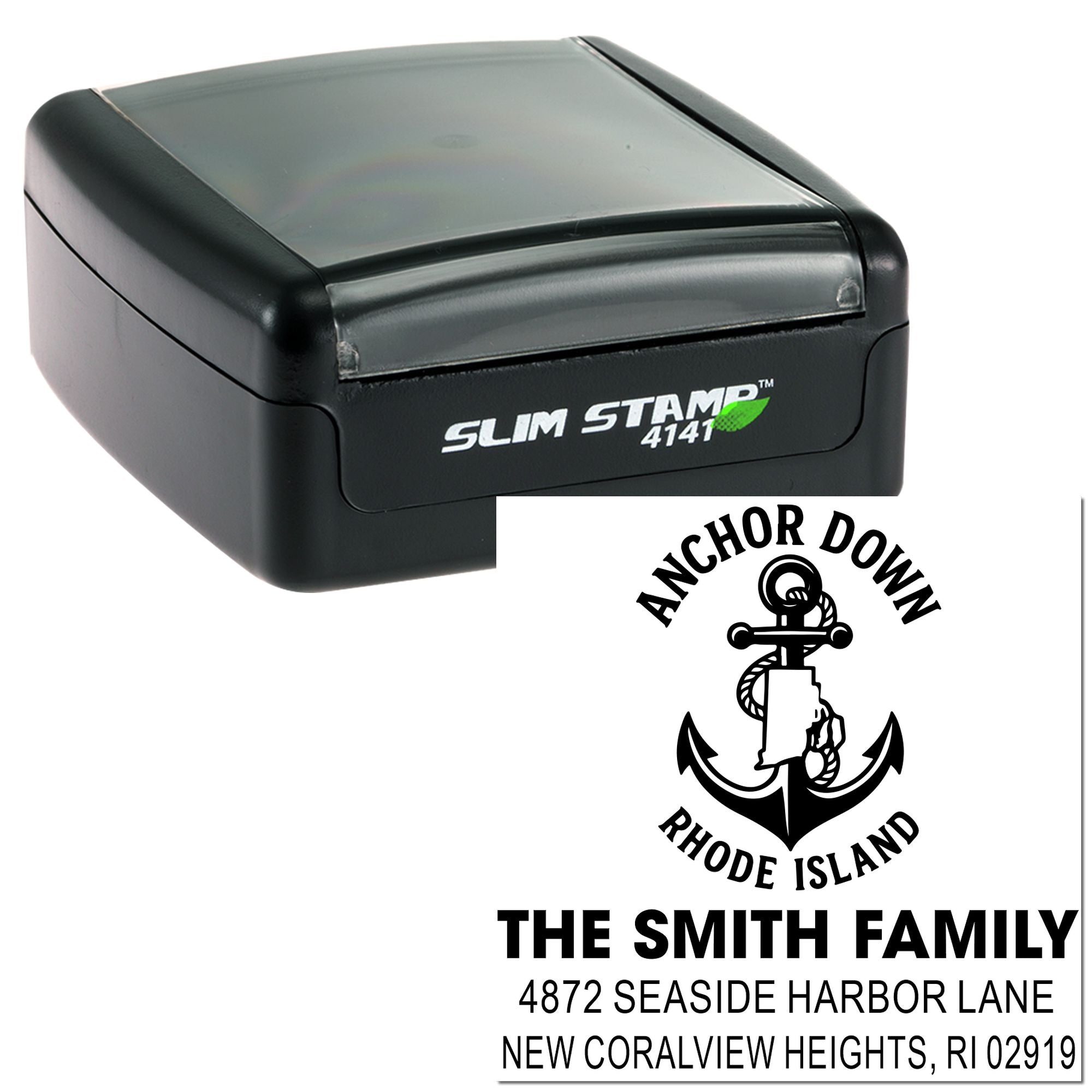 Slim Stamp 4141 self-inking custom return address stamp with Anchor Down Rhode Island nautical design.