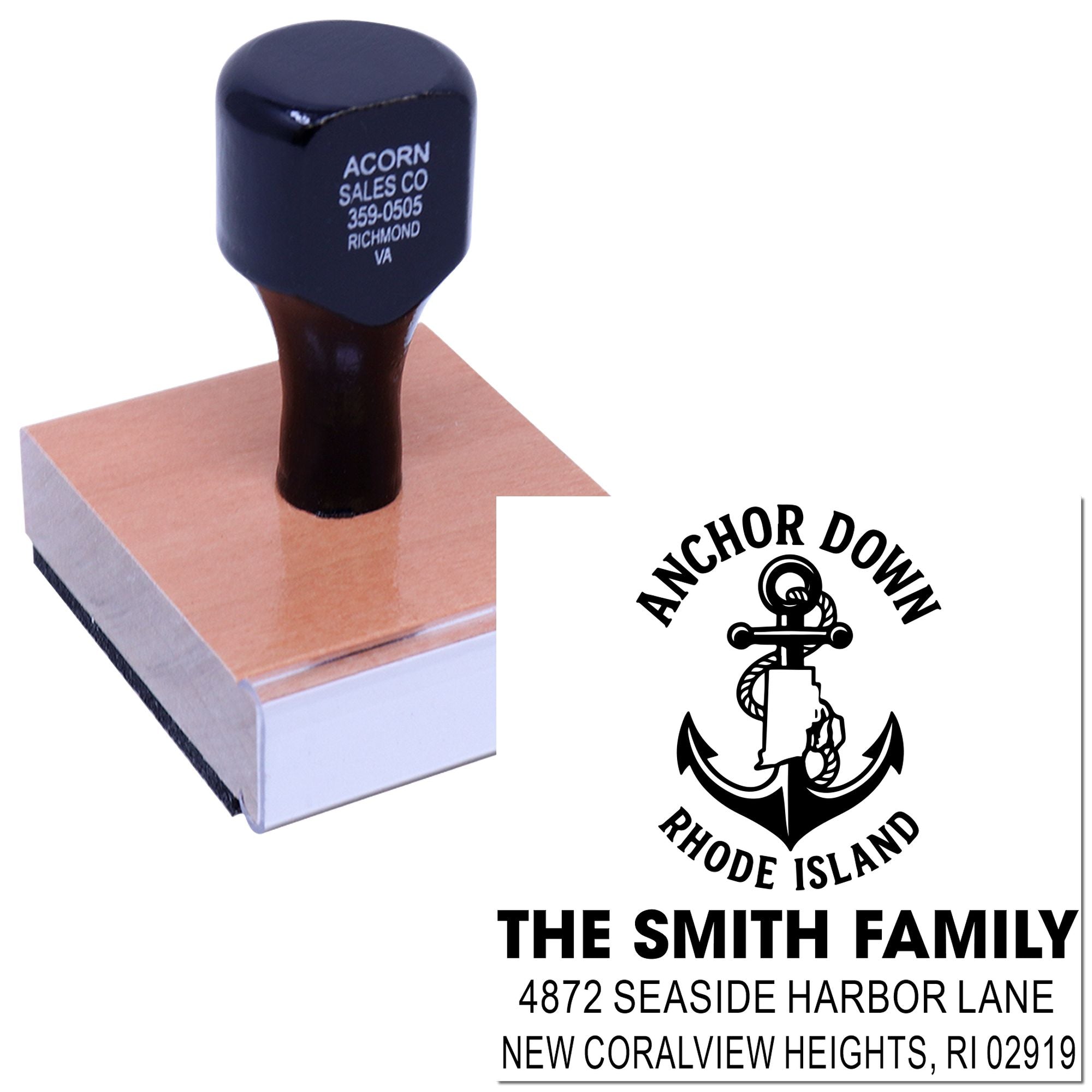 Custom self-inking rubber address stamp with anchor logo and Smith family return address design for mailing and branding