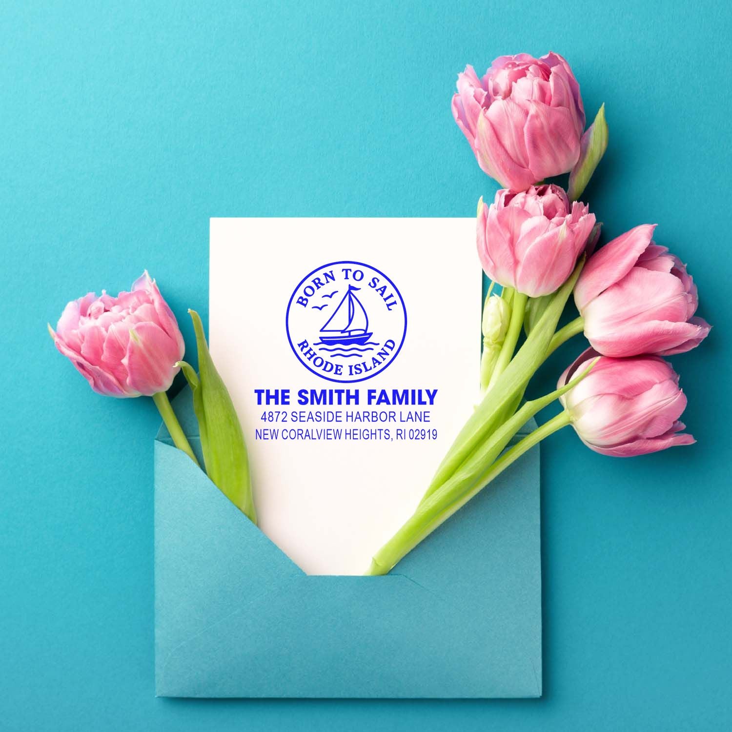 Personalized sailboat address rubber stamp for The Smith Family, featuring a Rhode Island nautical design for wedding invitations.