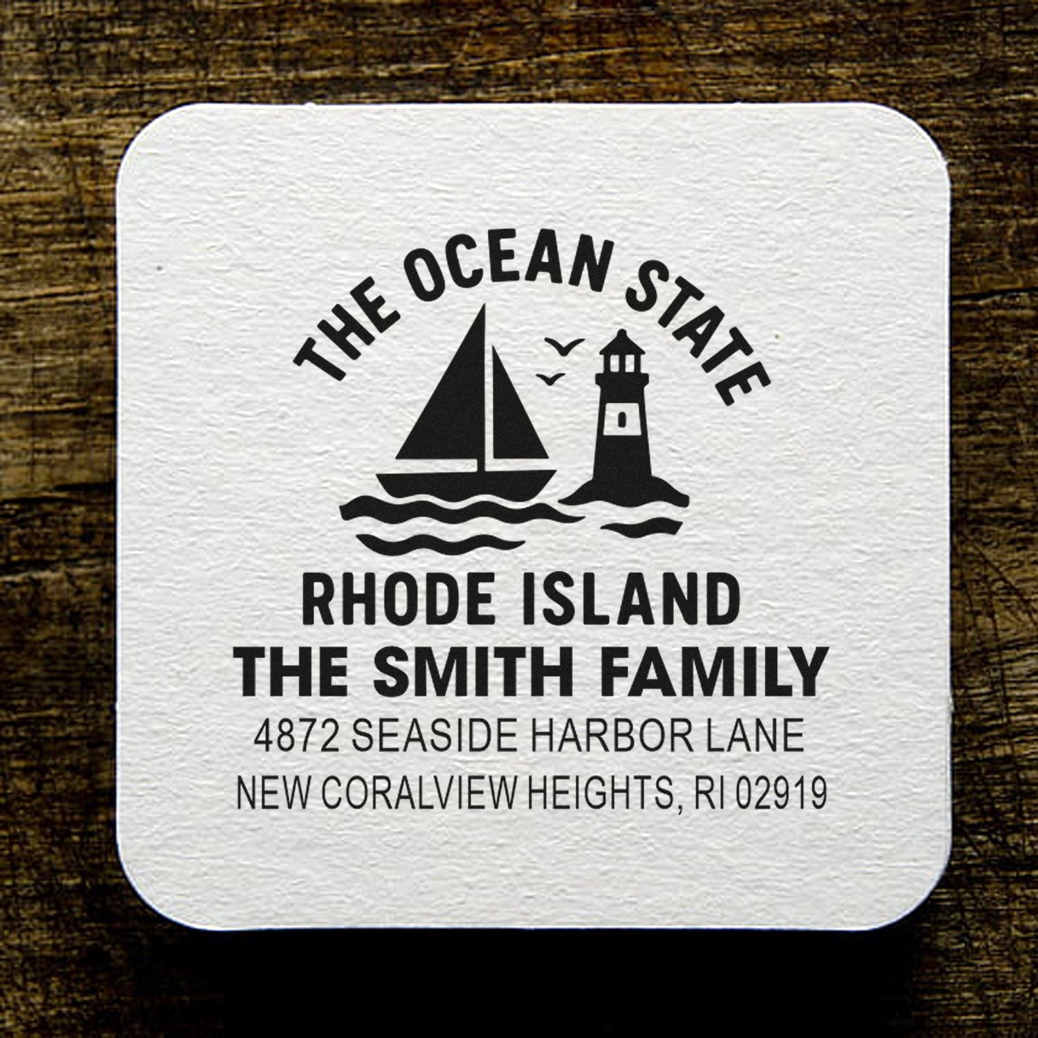 Custom Rhode Island return address rubber stamp for The Smith Family, Ocean State sailboat and lighthouse design.