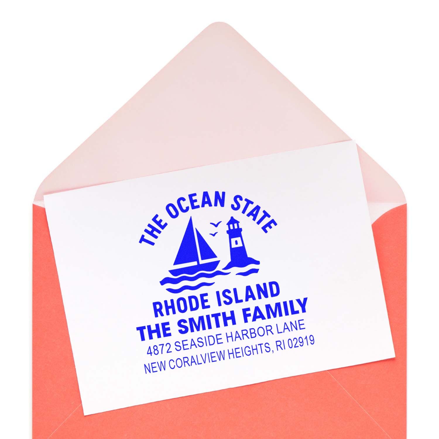Custom coastal return address rubber stamp on envelope, featuring sailboat, lighthouse, and Rhode Island family name.