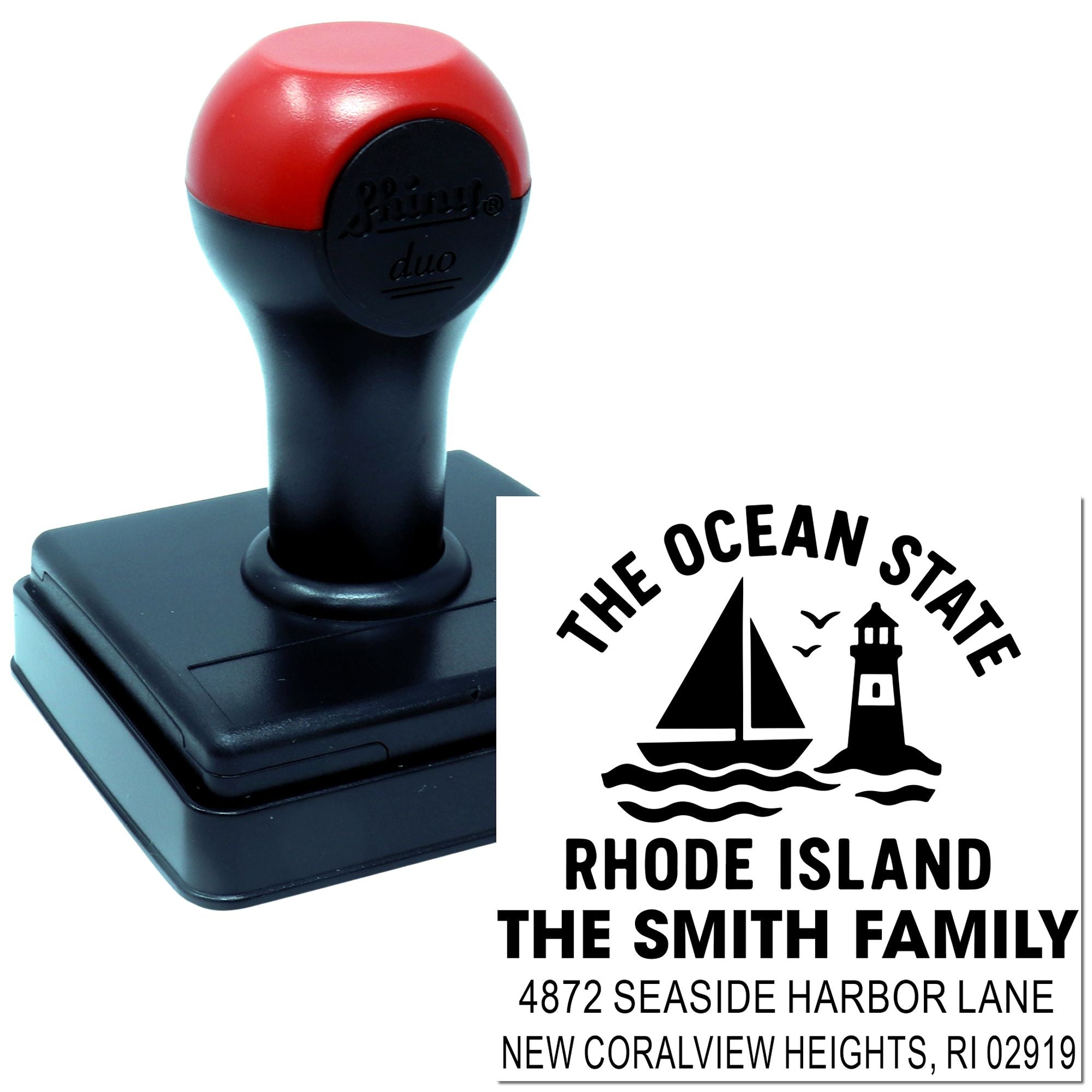 Custom self-inking address rubber stamp for The Smith Family in Rhode Island, with ocean and lighthouse design.