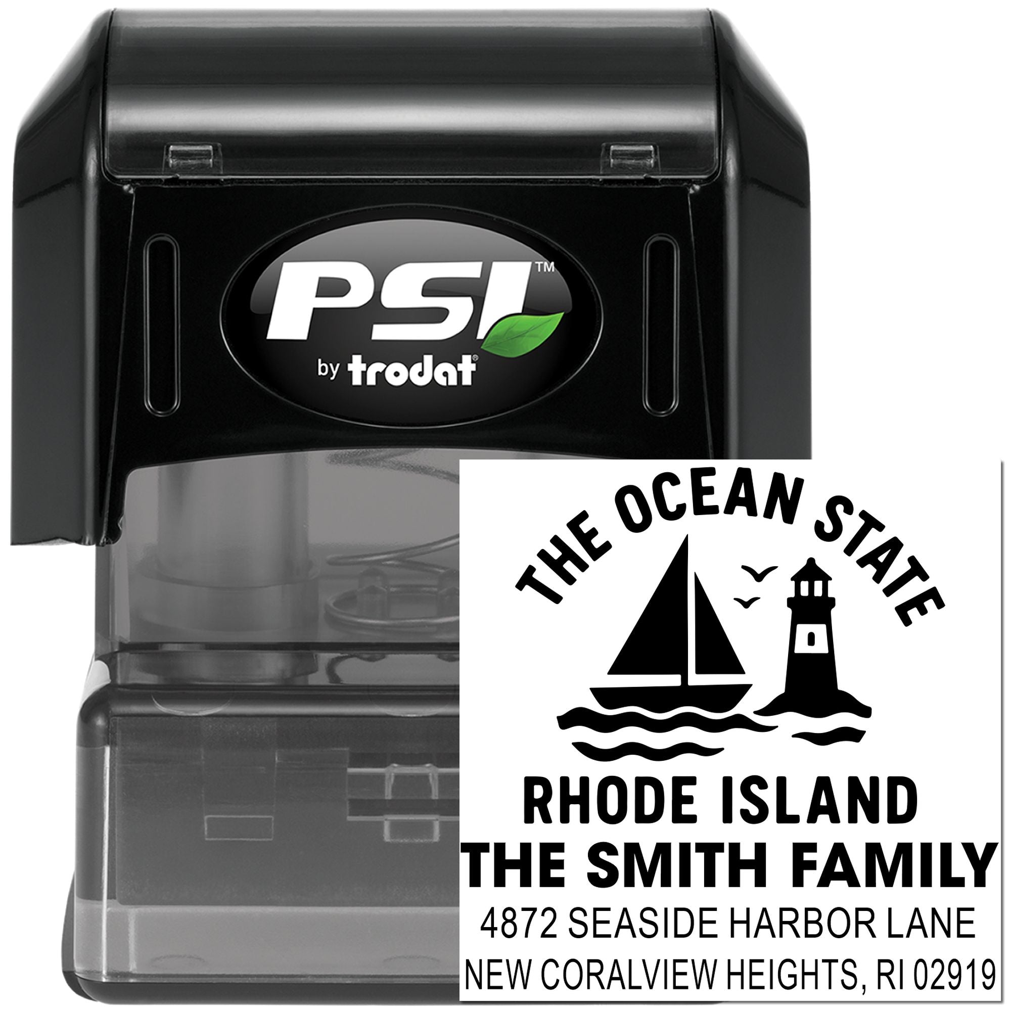 PSI by Trodat custom self-inking rubber address stamp with Rhode Island ocean state design for The Smith Family.