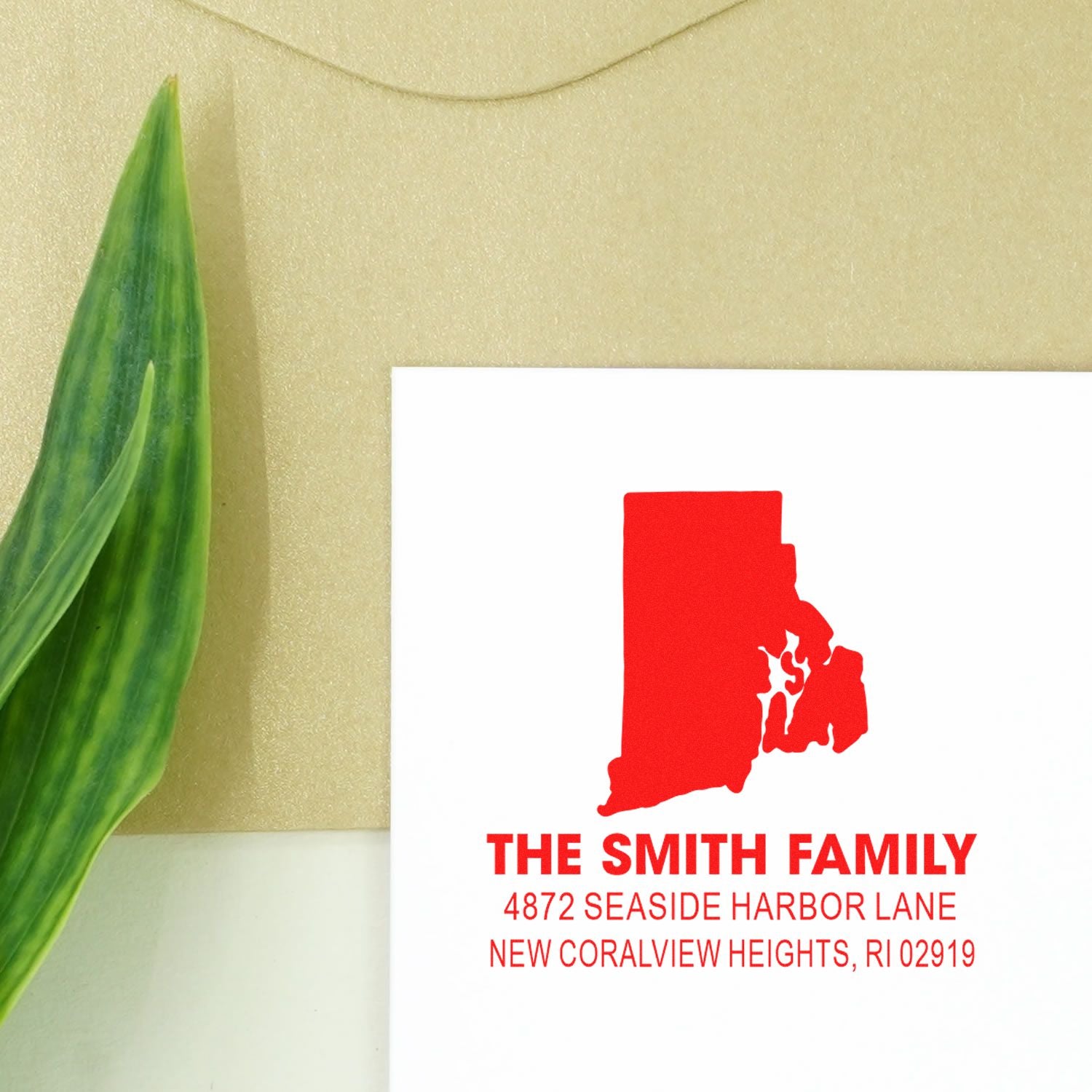 Personalized Rhode Island return address rubber stamp for The Smith Family with custom name and mailing address
