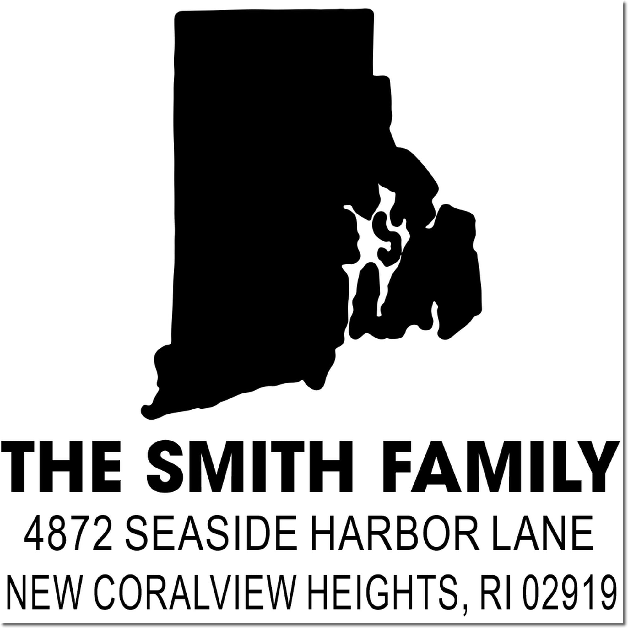 Custom Rhode Island address rubber stamp for The Smith Family, 4872 Seaside Harbor Lane, New Coralview Heights, RI 02919