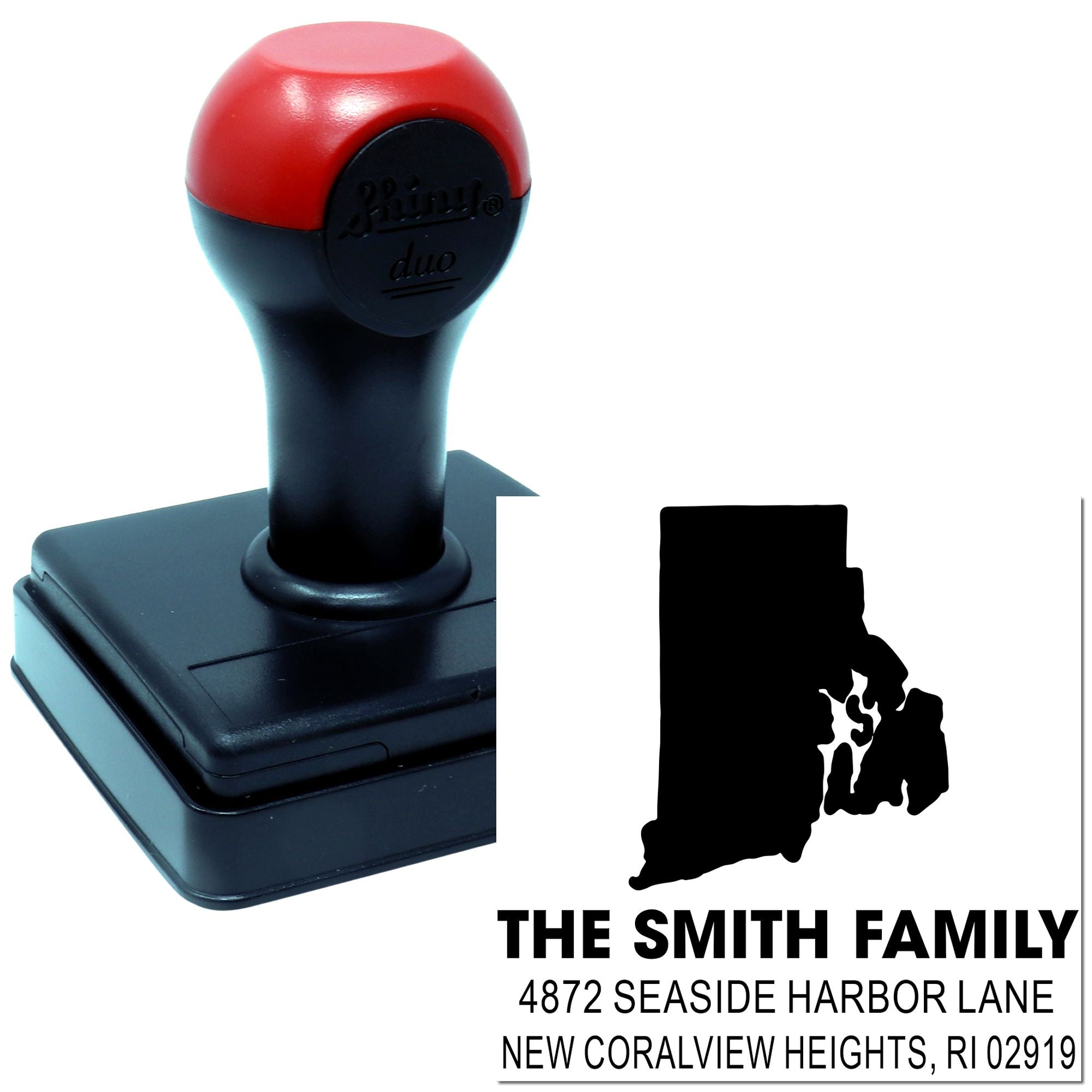 Custom self-inking rubber address stamp with The Smith Family return address, New Coralview Heights, RI