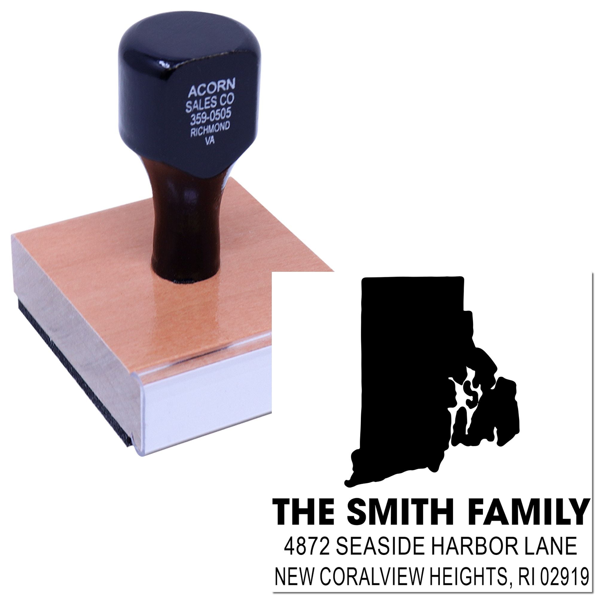 Personalized rubber return address stamp with state silhouette and family mailing address for custom correspondence.