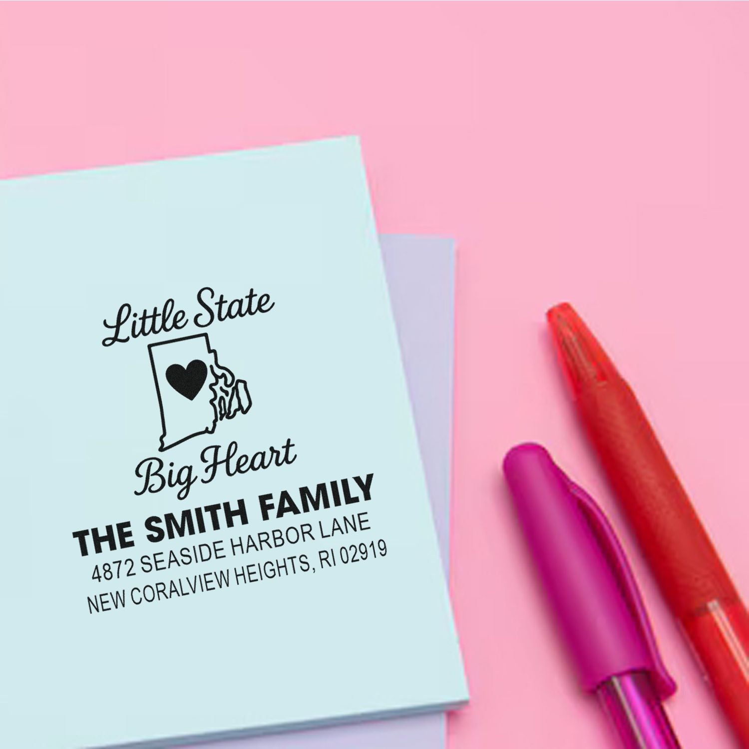 Personalized rubber return address stamp for The Smith Family, featuring a Little State Big Heart Rhode Island design.