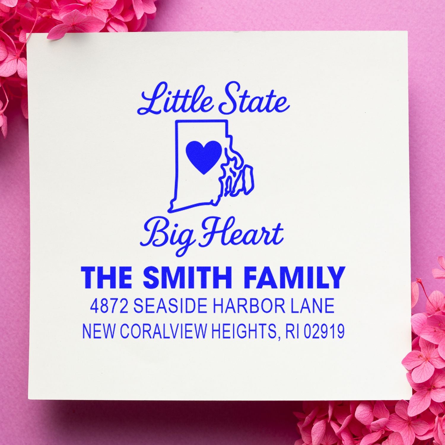 Custom Rhode Island return address rubber stamp with Little State Big Heart design for The Smith Family.