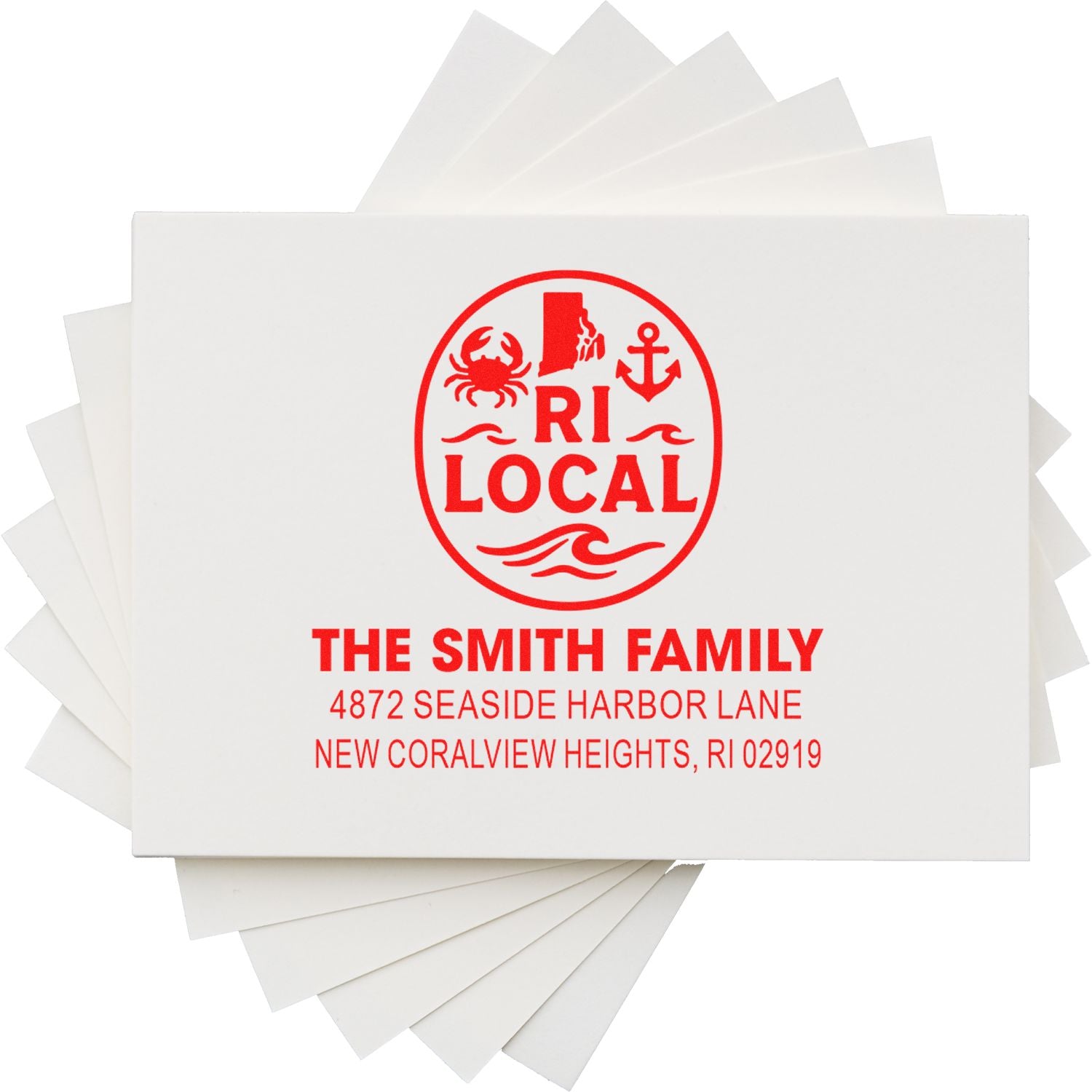 Custom Rhode Island family address rubber stamp with RI Local design, Smith Family name, and seaside harbor lane address.