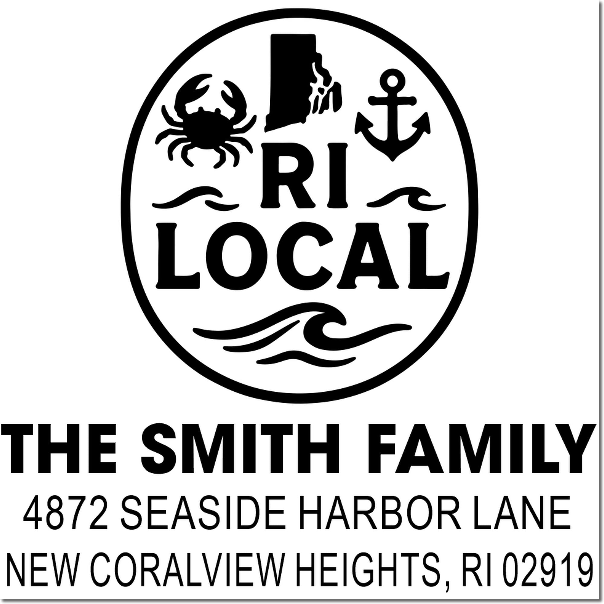Custom nautical family address rubber stamp for The Smith Family, New Coralview Heights, RI 02919, with crab, anchor and waves.
