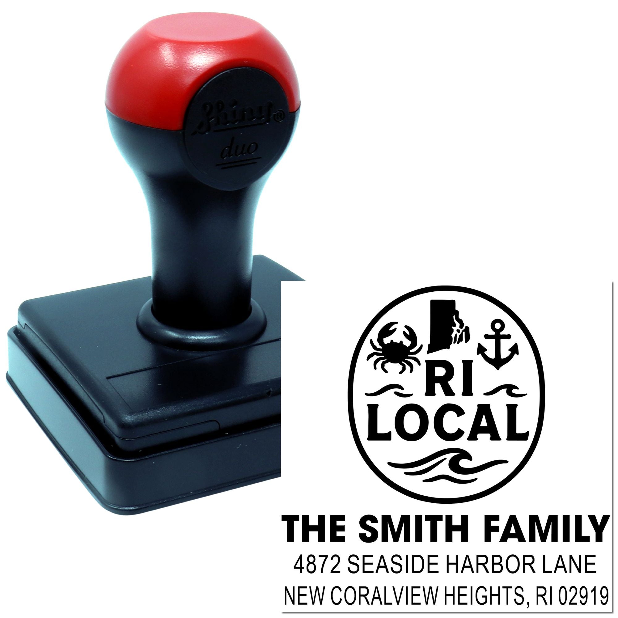 Custom self-inking address rubber stamp with Rhode Island RI Local family return address design.