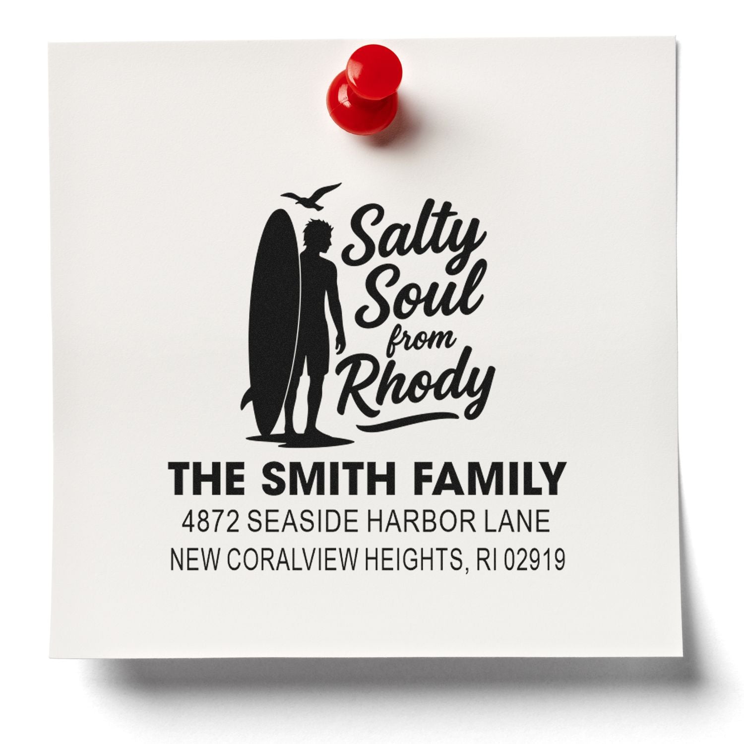 Custom surf-themed family return address rubber stamp with Salty Soul from Rhody and Smith family Rhode Island address.
